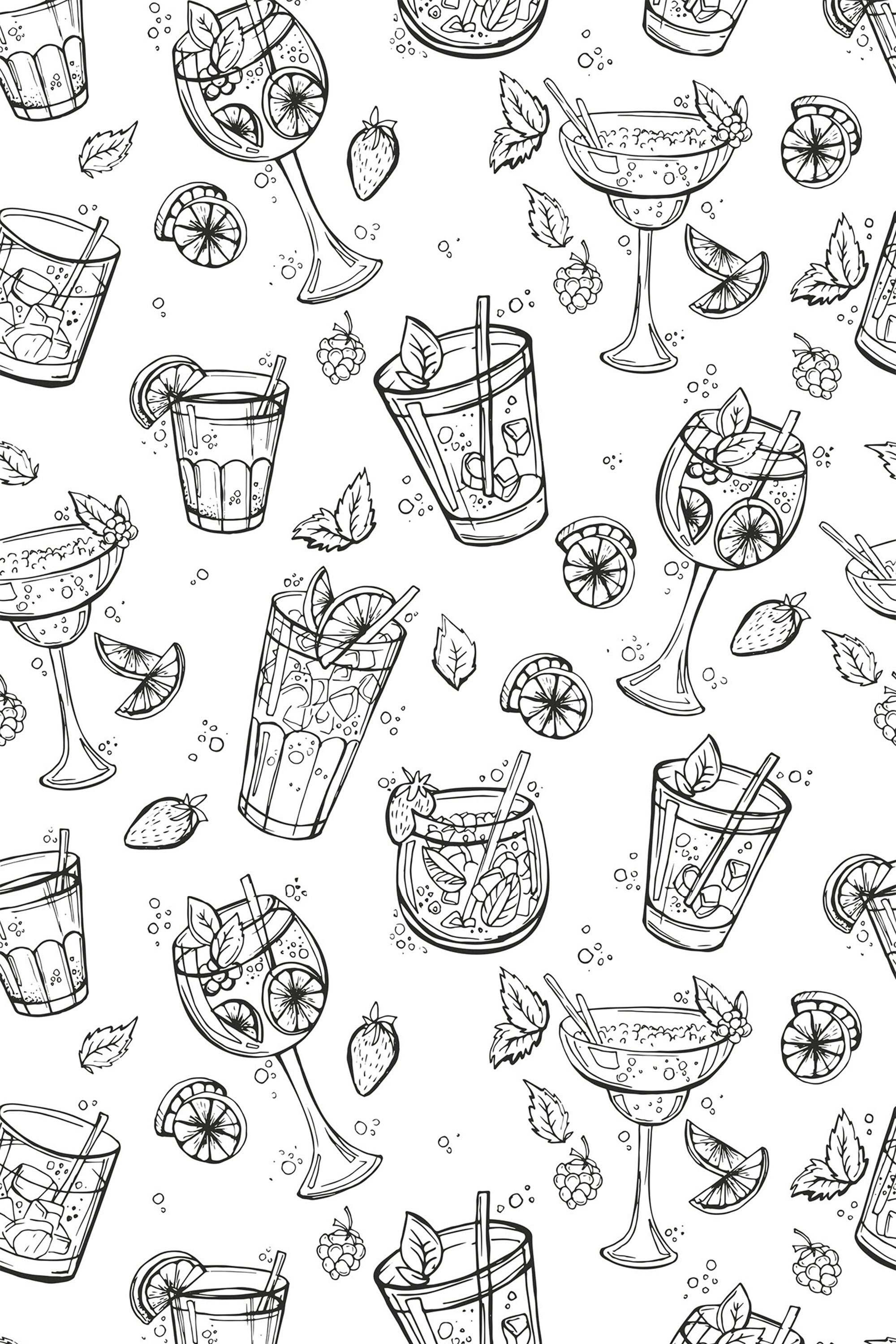 Black and white wallpaper with various cocktail illustrations, including margaritas, martinis, mojitos, and other drinks accompanied by fruit slices, ice cubes, and leaves. The design is playful and detailed, creating a fun and lively atmosphere. Peel and stick removable wallpaper.