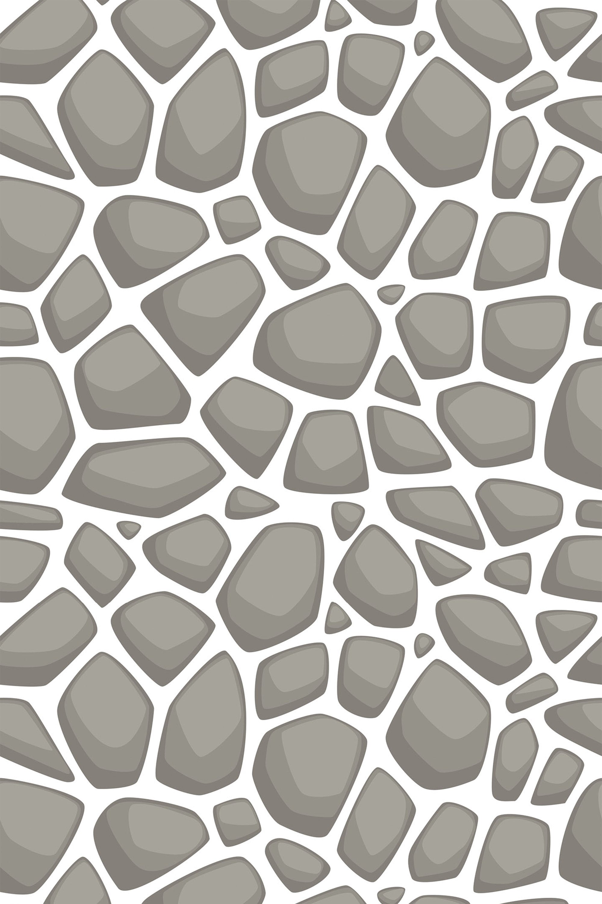 A seamless pattern with irregular, gray stone-like shapes on a white background, resembling a stone wall or path. The stones vary in size and shape, creating a natural, organic look. Peel and stick removable wallpaper.