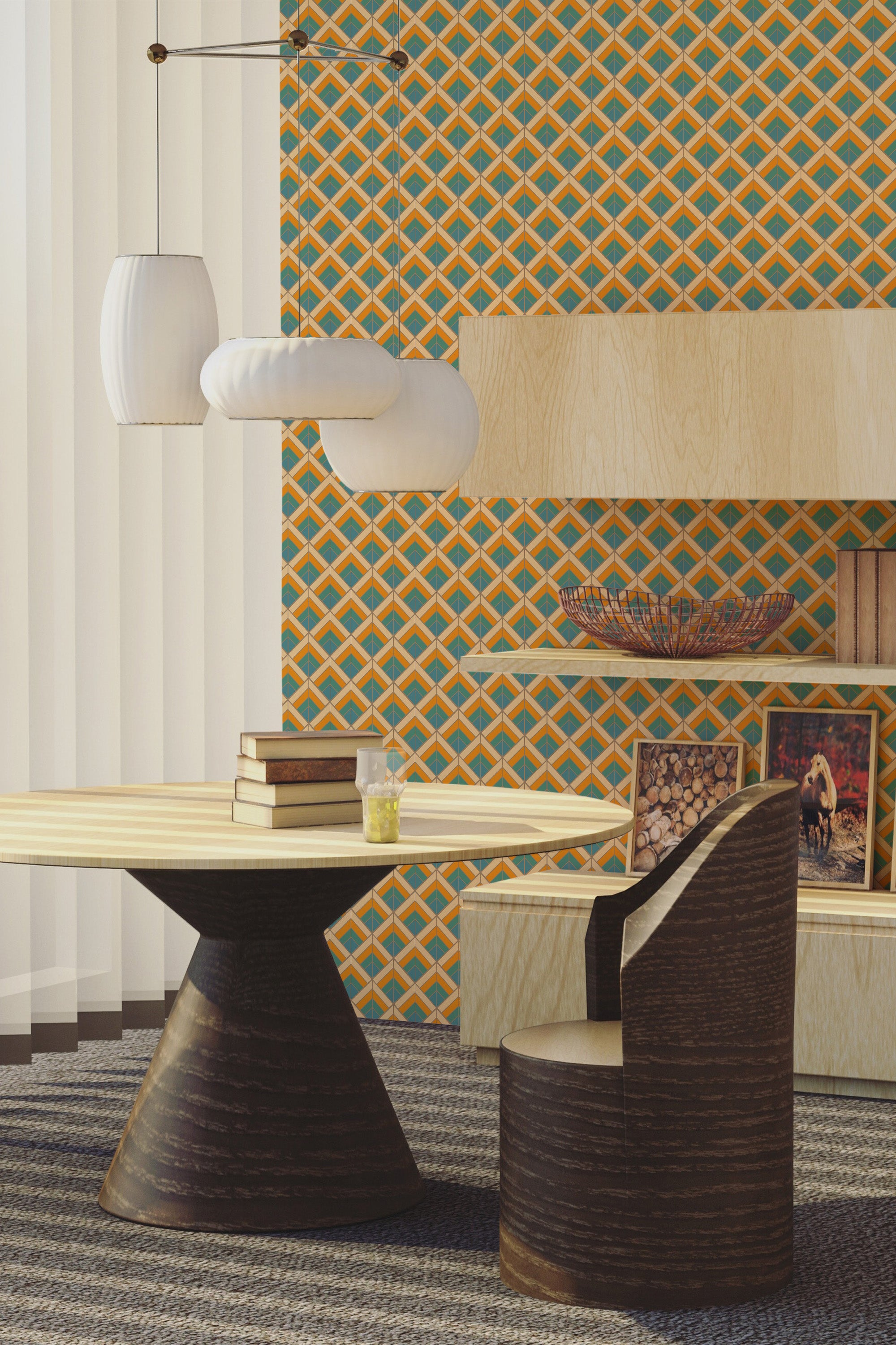 Orange retro wallpaper with a pattern of interconnected geometric shapes featuring orange and blue hues against a beige background on traditional wallpaper.