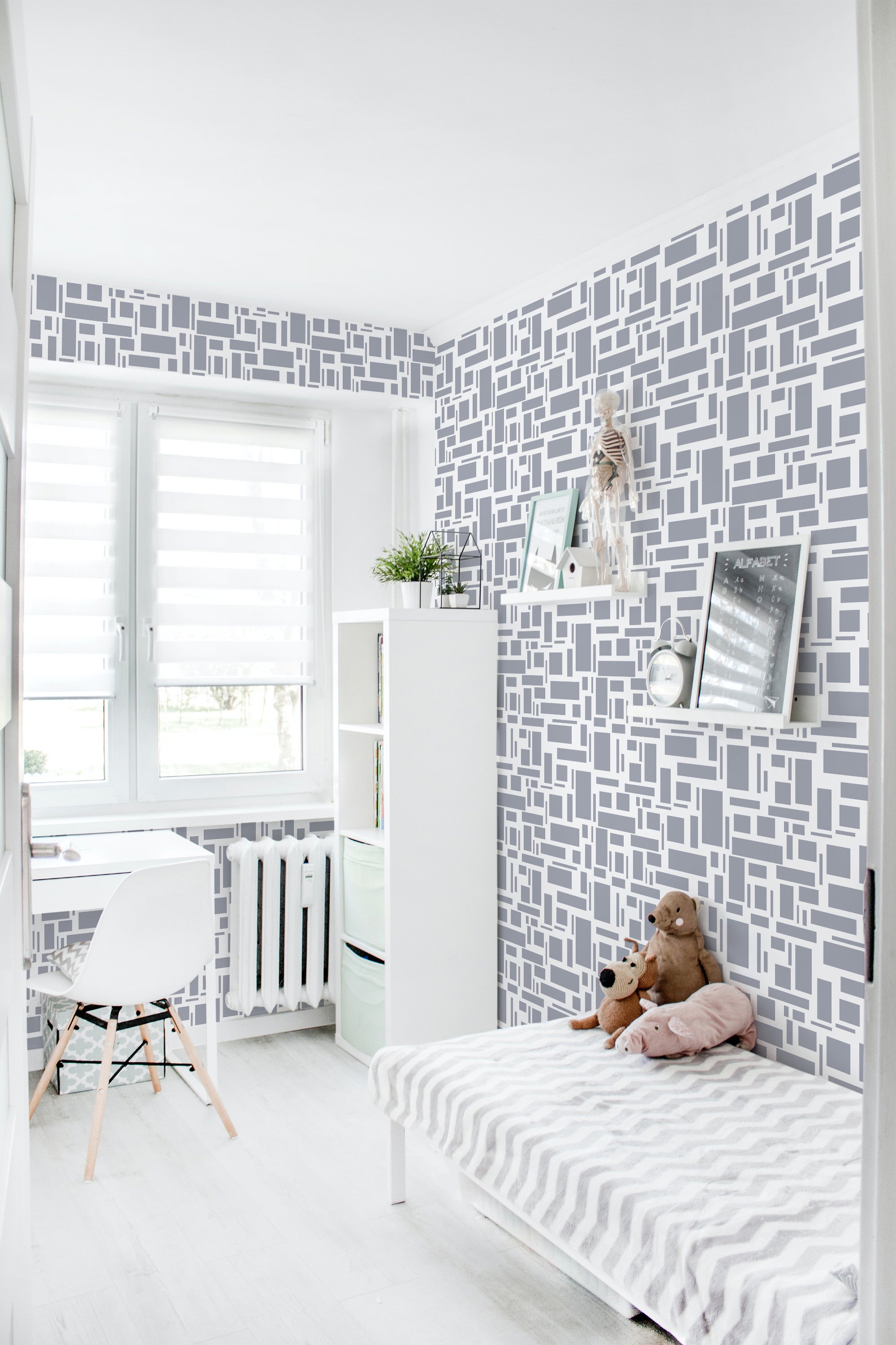 Wallpaper with a geometric pattern of interlocking small tiles in shades of gray, creating a modern and structured look. Traditional wallpaper.