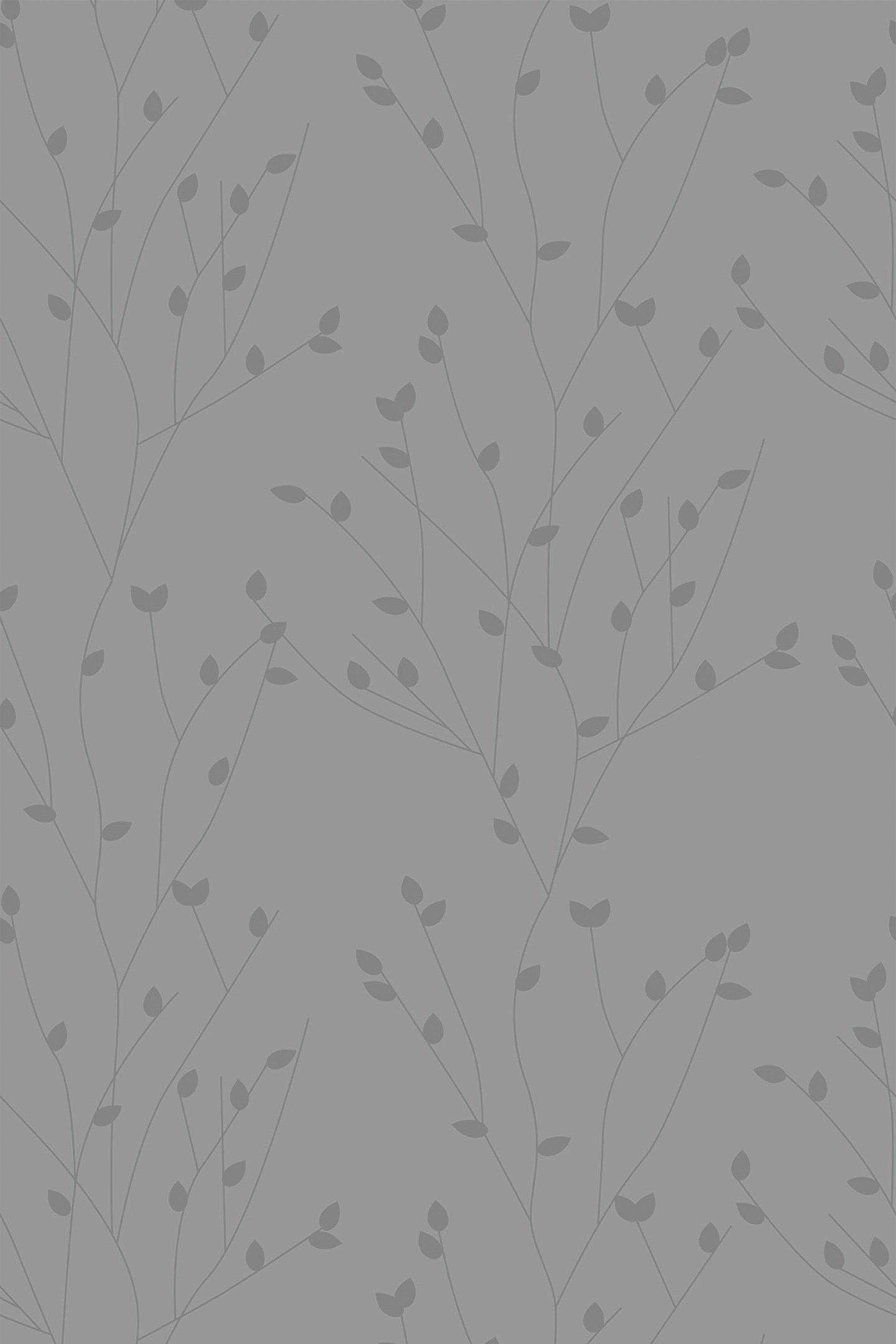 Delicate branches with small rounded leaves in muted tones against a soft gray background. Peel and stick removable wallpaper.