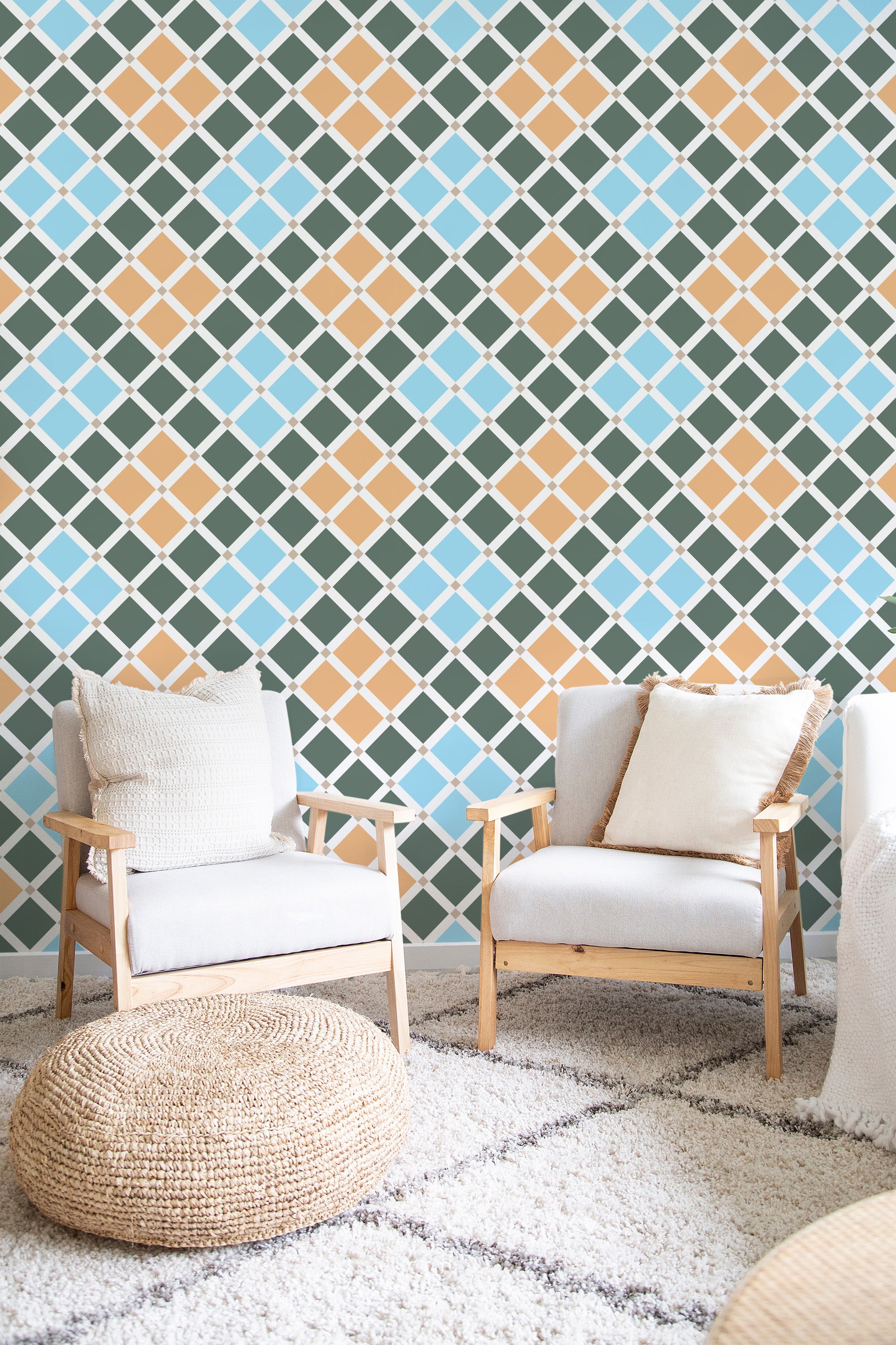 The wallpaper incorporates a tile mosaic pattern with intertwining diamond shapes in hues of blue, beige, and green, creating a visually intricate and balanced design that evokes a traditional wallpaper.