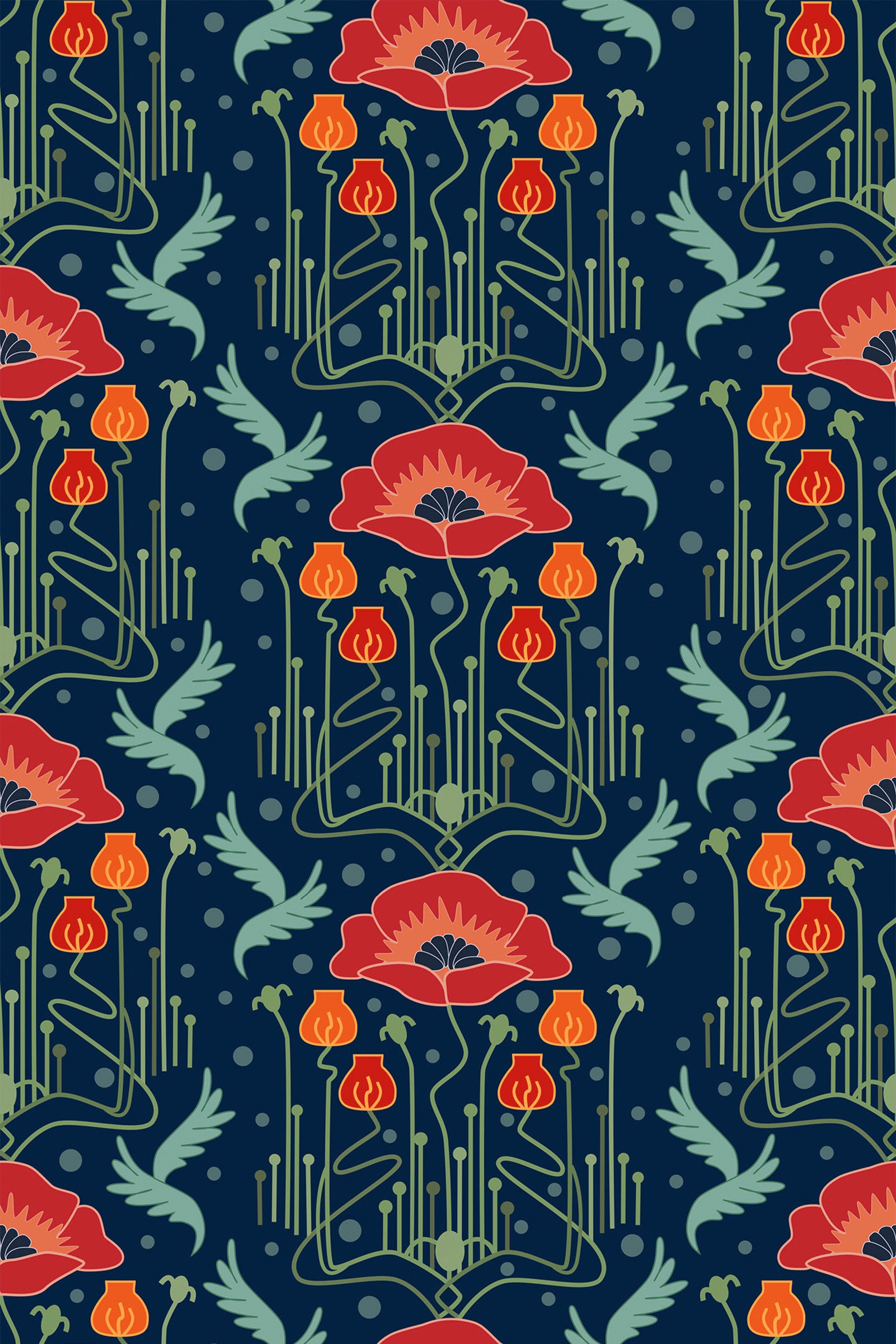Art nouveau tulip wallpaper with a dark blue background, intricate green vines, and stylized tulip flowers in shades of red and orange, complemented by small dot accents and delicate leaves. Peel and stick removable wallpaper.