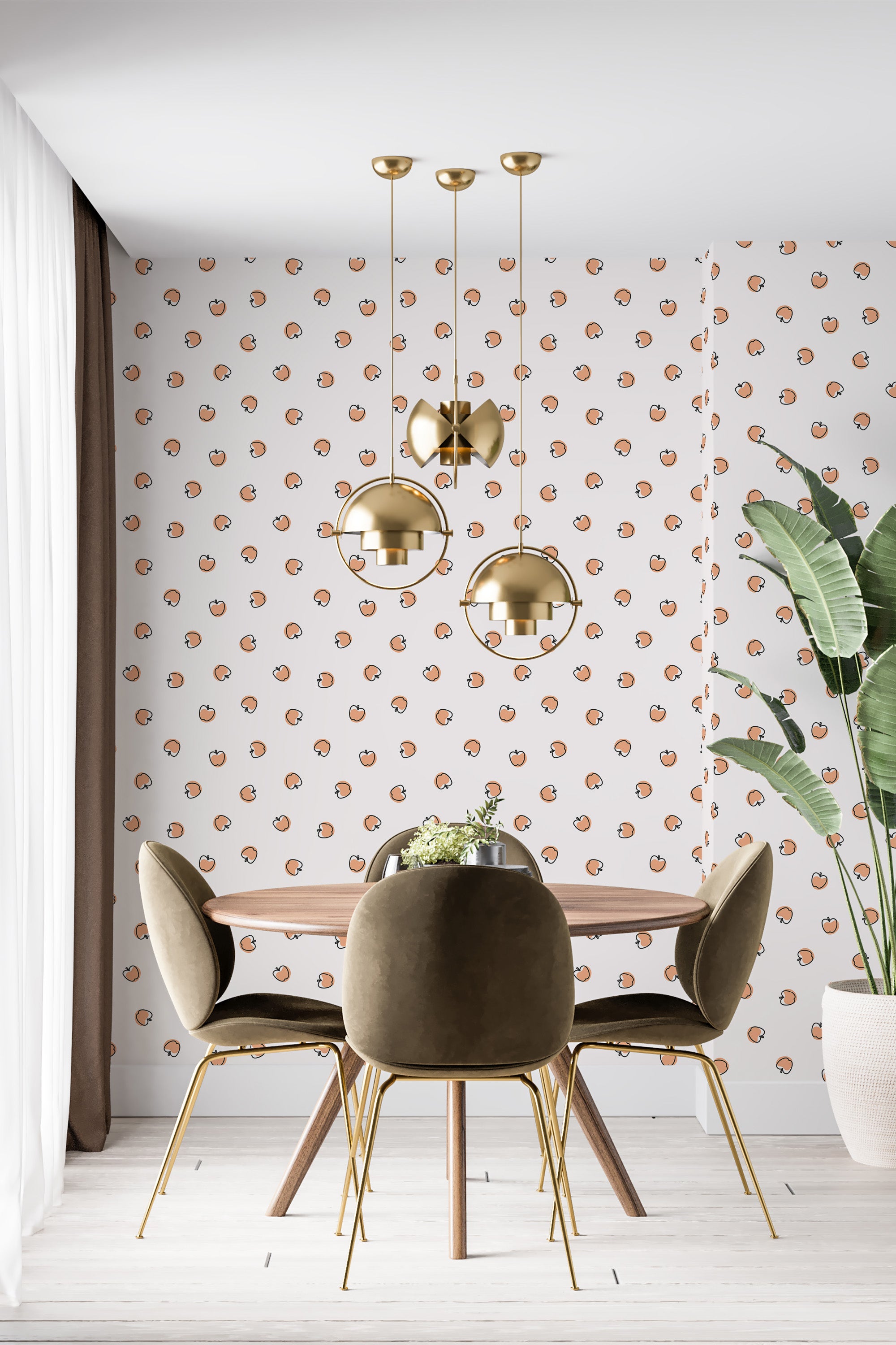 Wallpaper with a pattern of small, evenly spaced apples on a light background, creating a simple and charming look���traditional wallpaper.