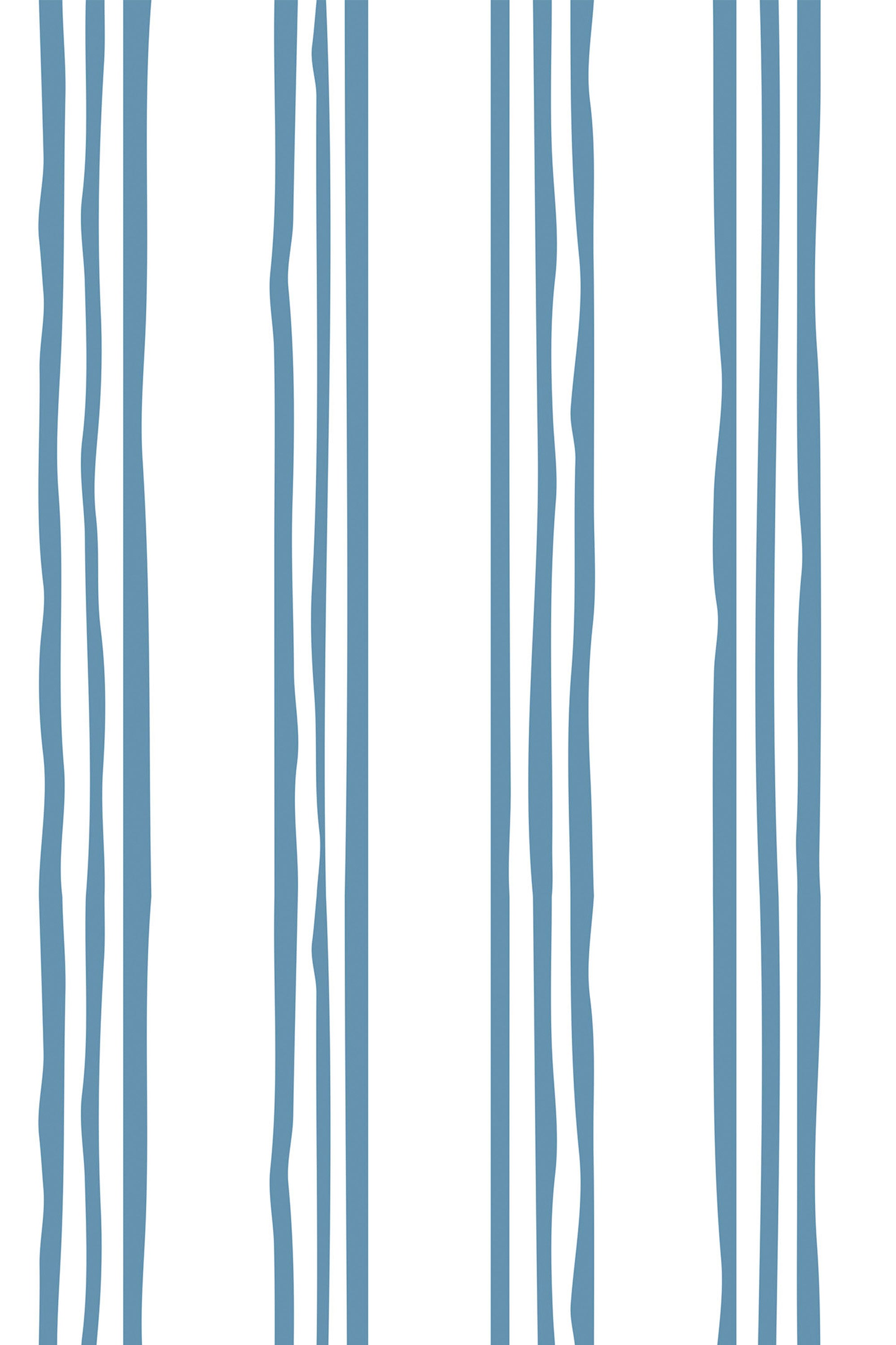 Vertical wavy blue stripes on a white background, evenly spaced with a hand-painted effect. Peel and stick removable wallpaper.