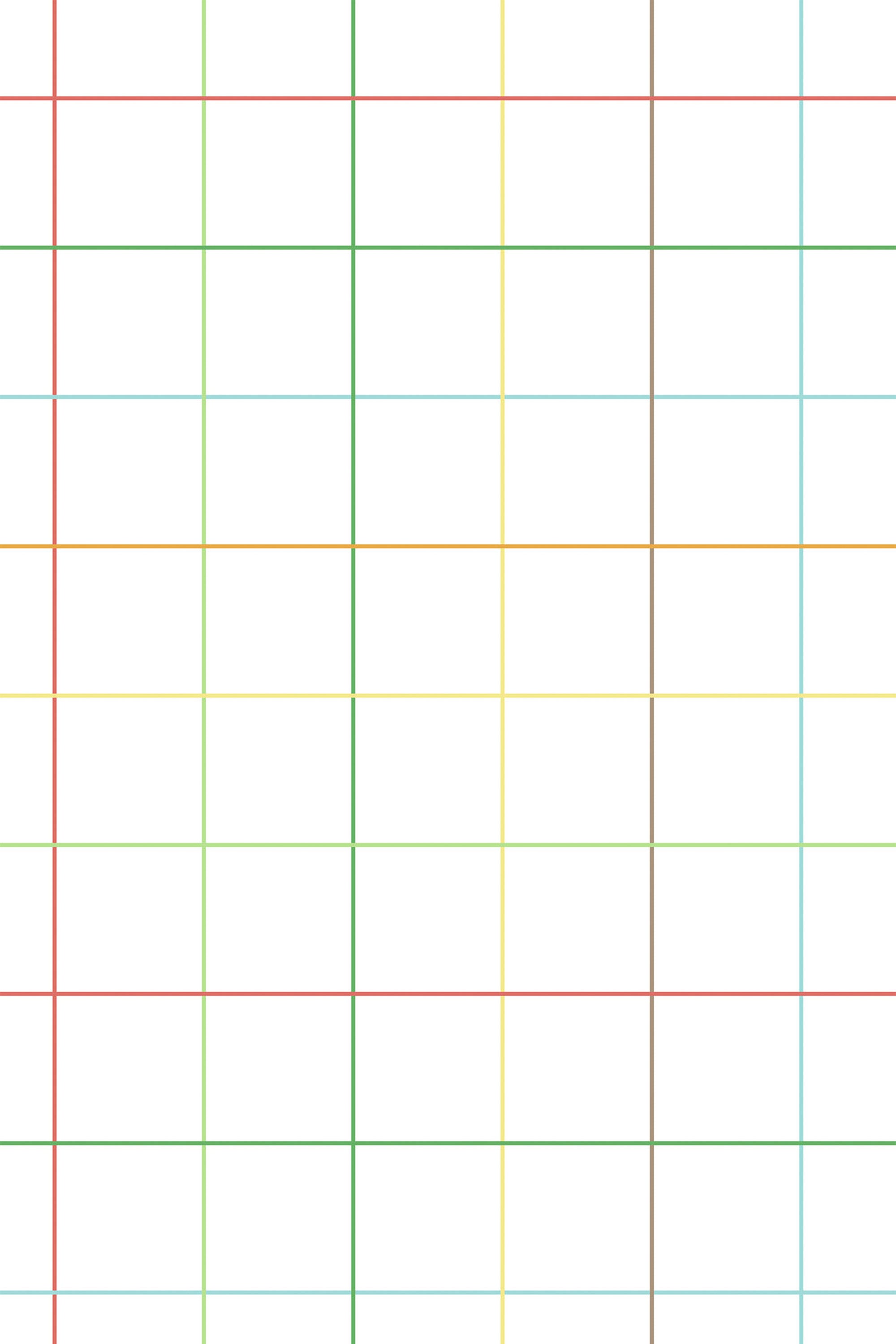Thin, uniformly spaced horizontal and vertical lines in various colors, such as red, green, yellow, orange, and blue, run across a white background, forming a grid pattern. Minimal and clean design, peel and stick removable wallpaper.