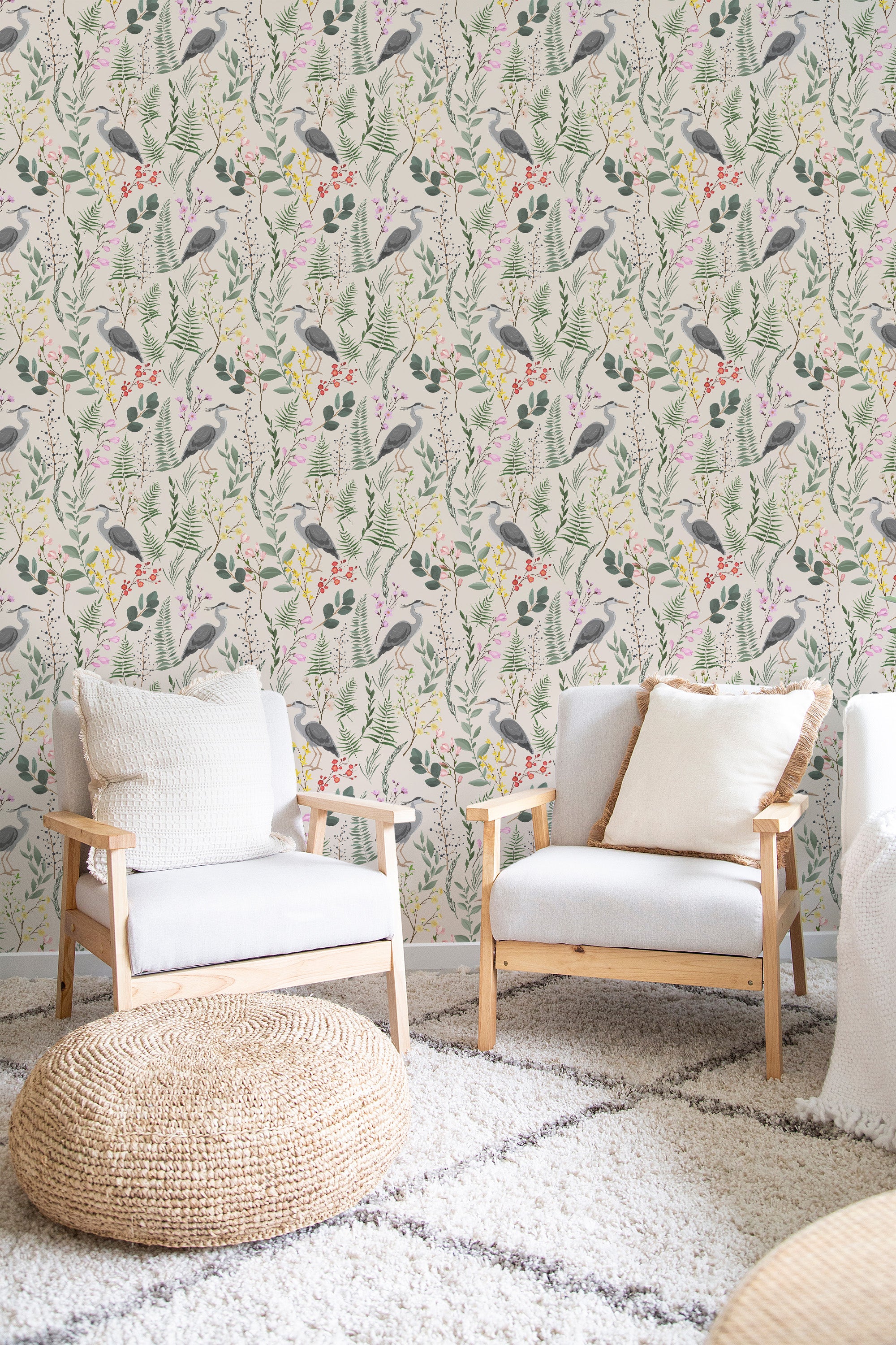 The wallpaper has a whimsical design with birds, flowers, and lush greenery intricately scattered throughout, creating a nature-inspired atmosphere with a vintage touch. Traditional wallpaper.
