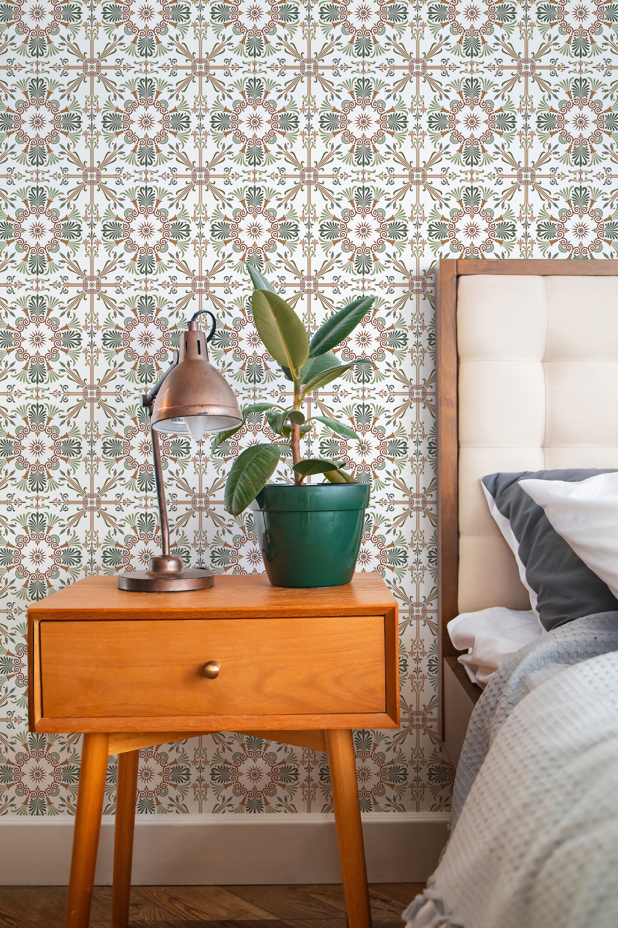 Self-adhesive wallpaper with a Neutral Tile design, displaying a repeating pattern of floral and geometric motifs in soft earthy tones, including beige, brown, and muted green accents, providing a classic and serene backdrop.