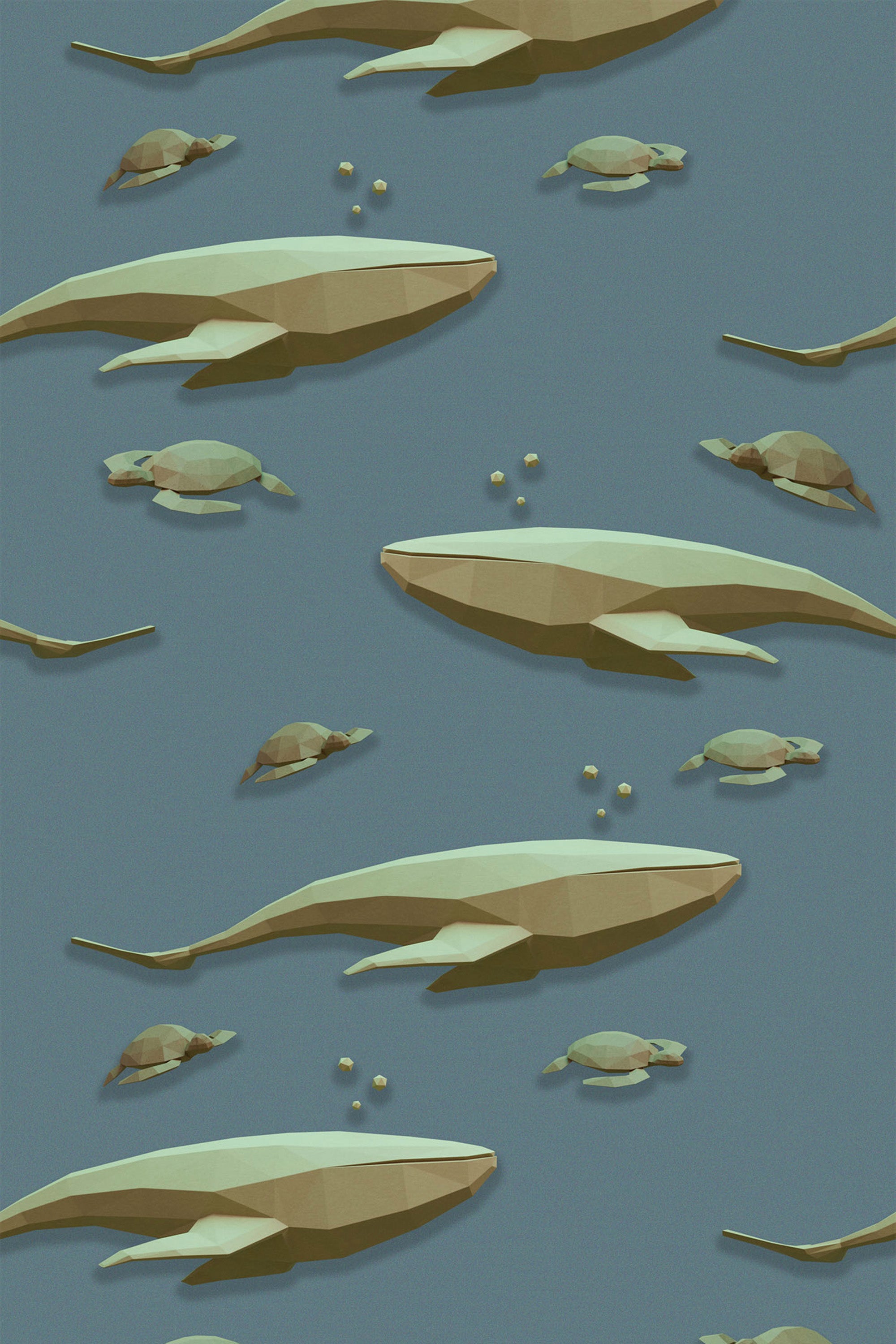 Pattern of yellow-green polygonal blue whales and turtles swimming with bubbles on a muted blue background, peel and stick removable wallpaper.