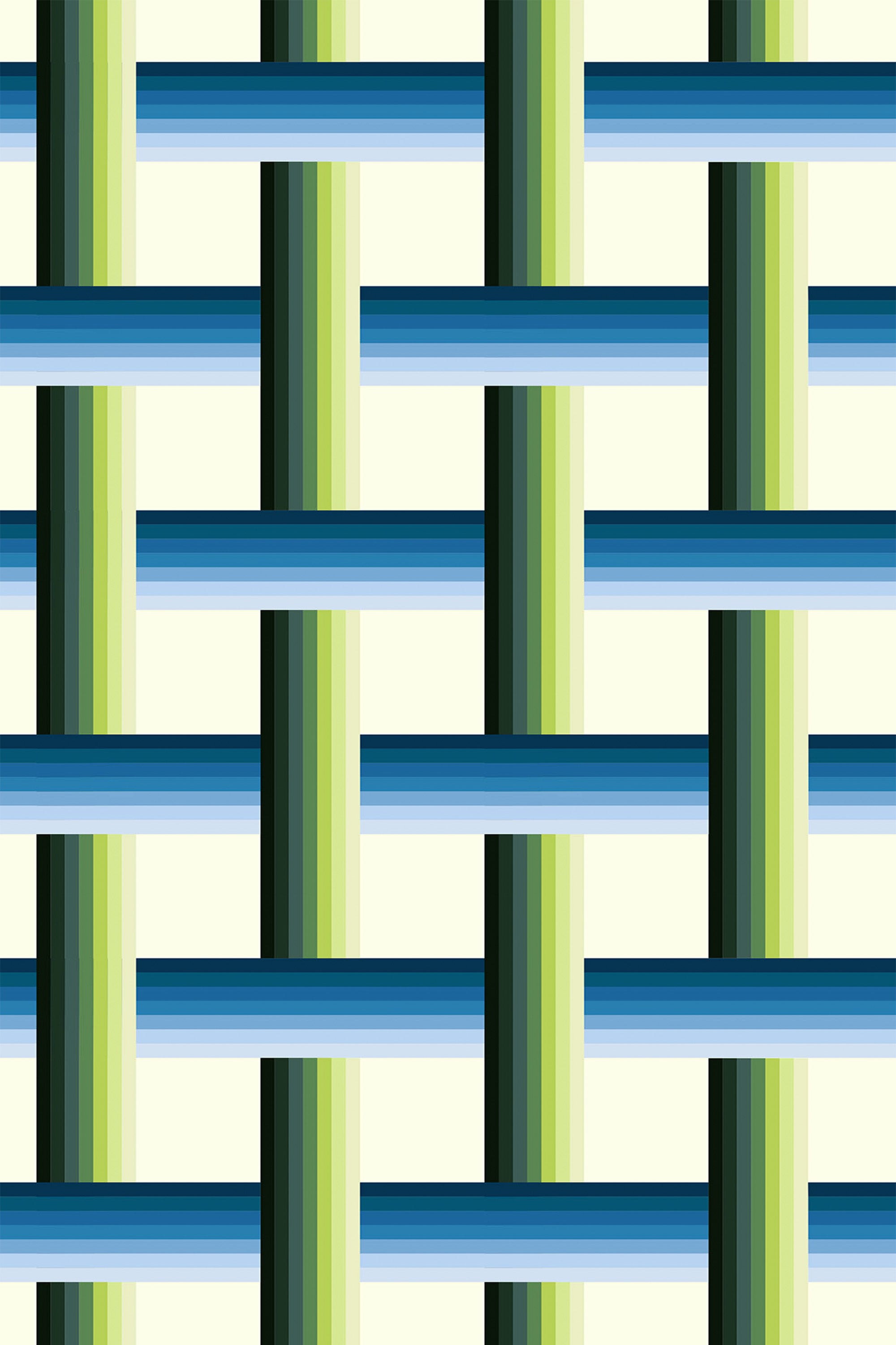 A repeating design with interwoven vertical and horizontal stripes in green and blue gradients on a light background. This 15th-century-inspired pattern offers a modern geometric aesthetic in peel and stick removable wallpaper.