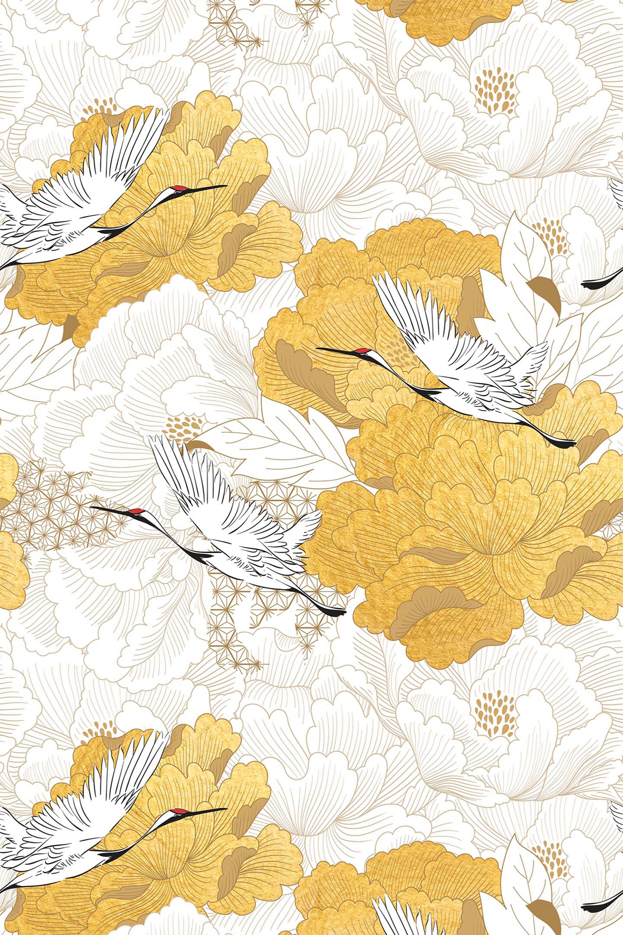 Elegant Chinoiserie bird design with graceful white cranes in flight, set against a background of large golden and white peony flowers and delicate geometric patterns on a soft, neutral backdrop, peel and stick removable wallpaper.