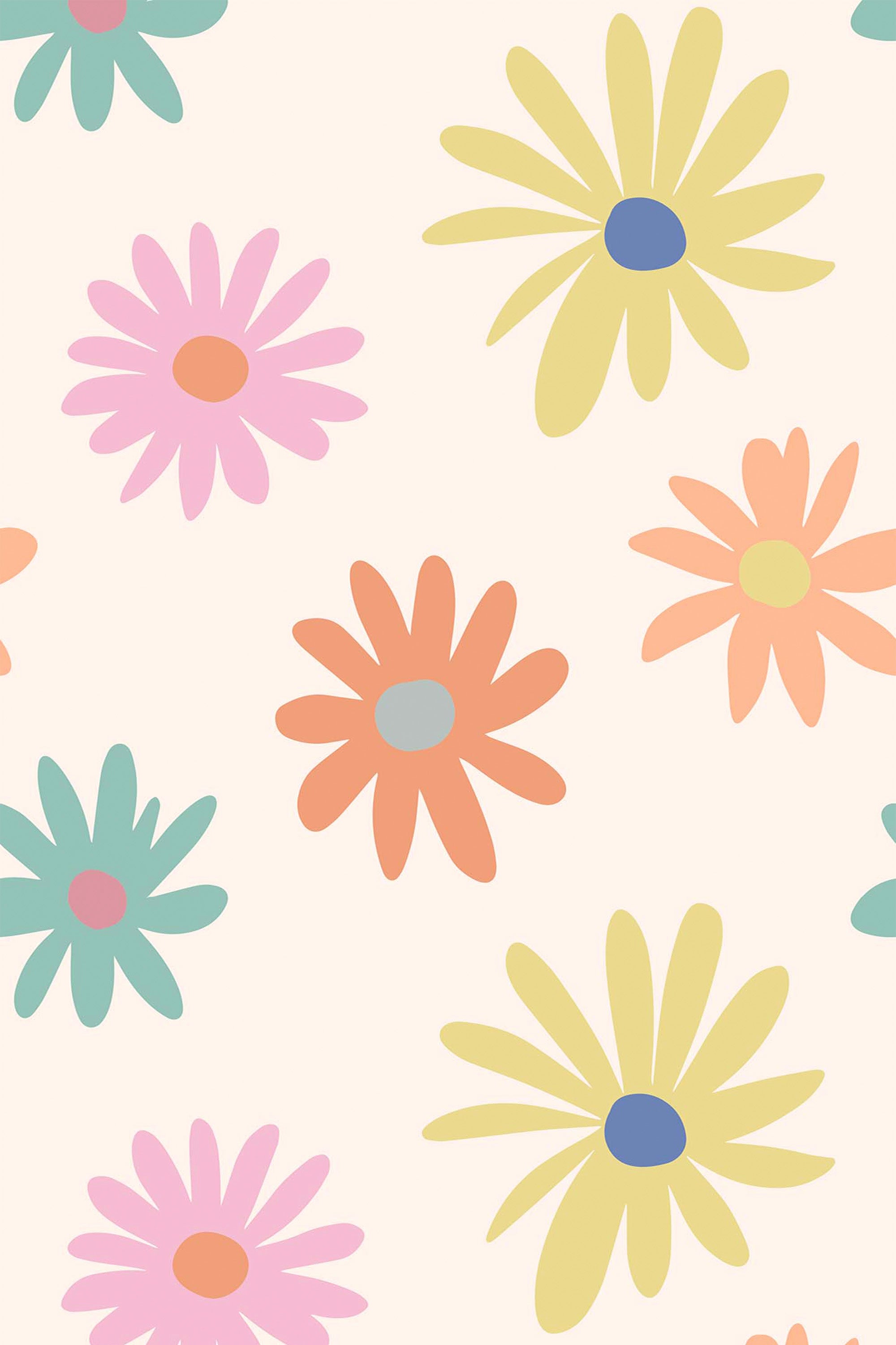 A vibrant retro floral pattern with large, bold flowers in shades of yellow, pink, orange, and teal on a soft cream background. Peel and stick removable wallpaper.
