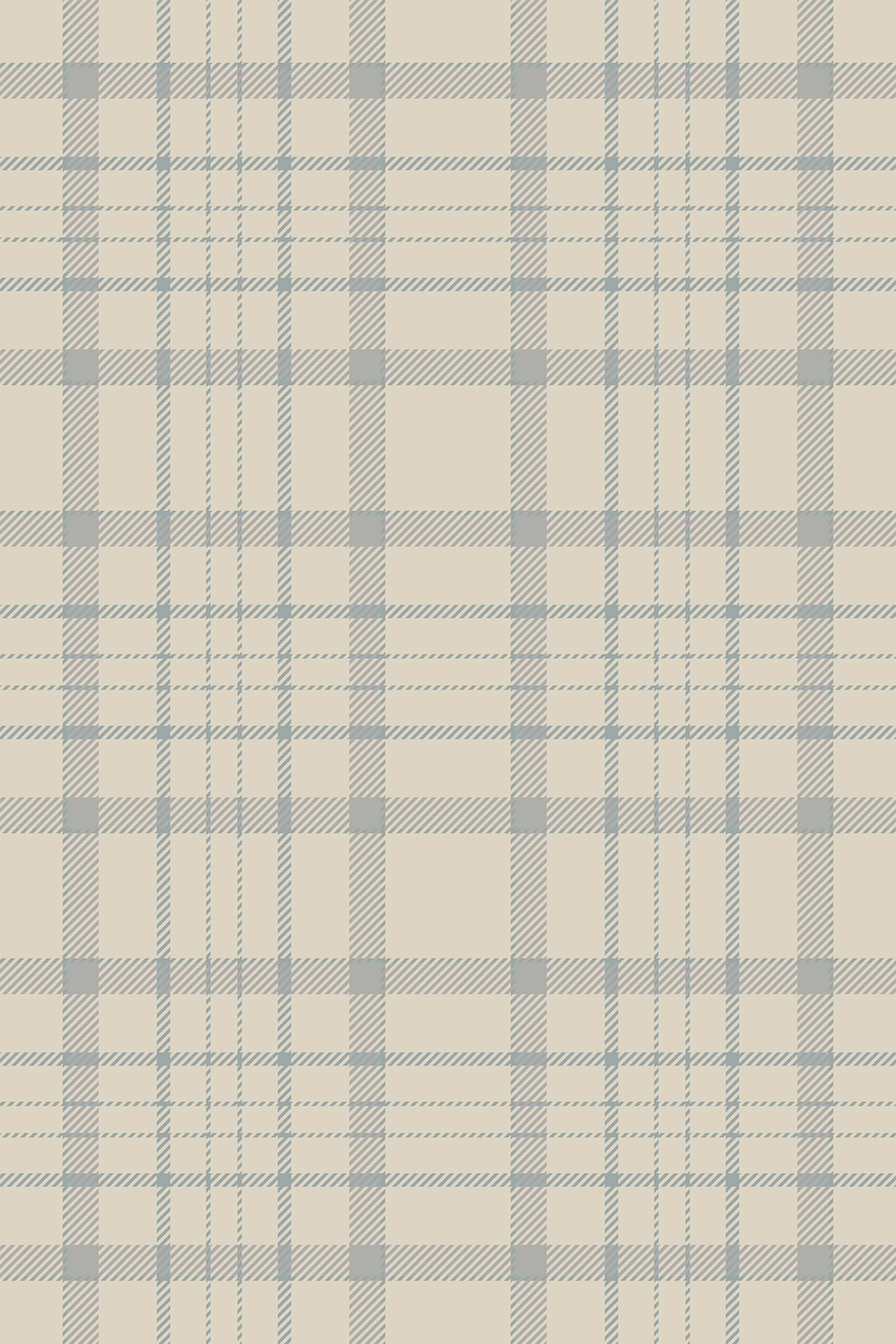 A repeating tartan pattern with intersecting horizontal and vertical lines in muted neutral tones of gray and beige. The lines create a grid-like design typical of traditional Scottish plaid. Peel and stick removable wallpaper.