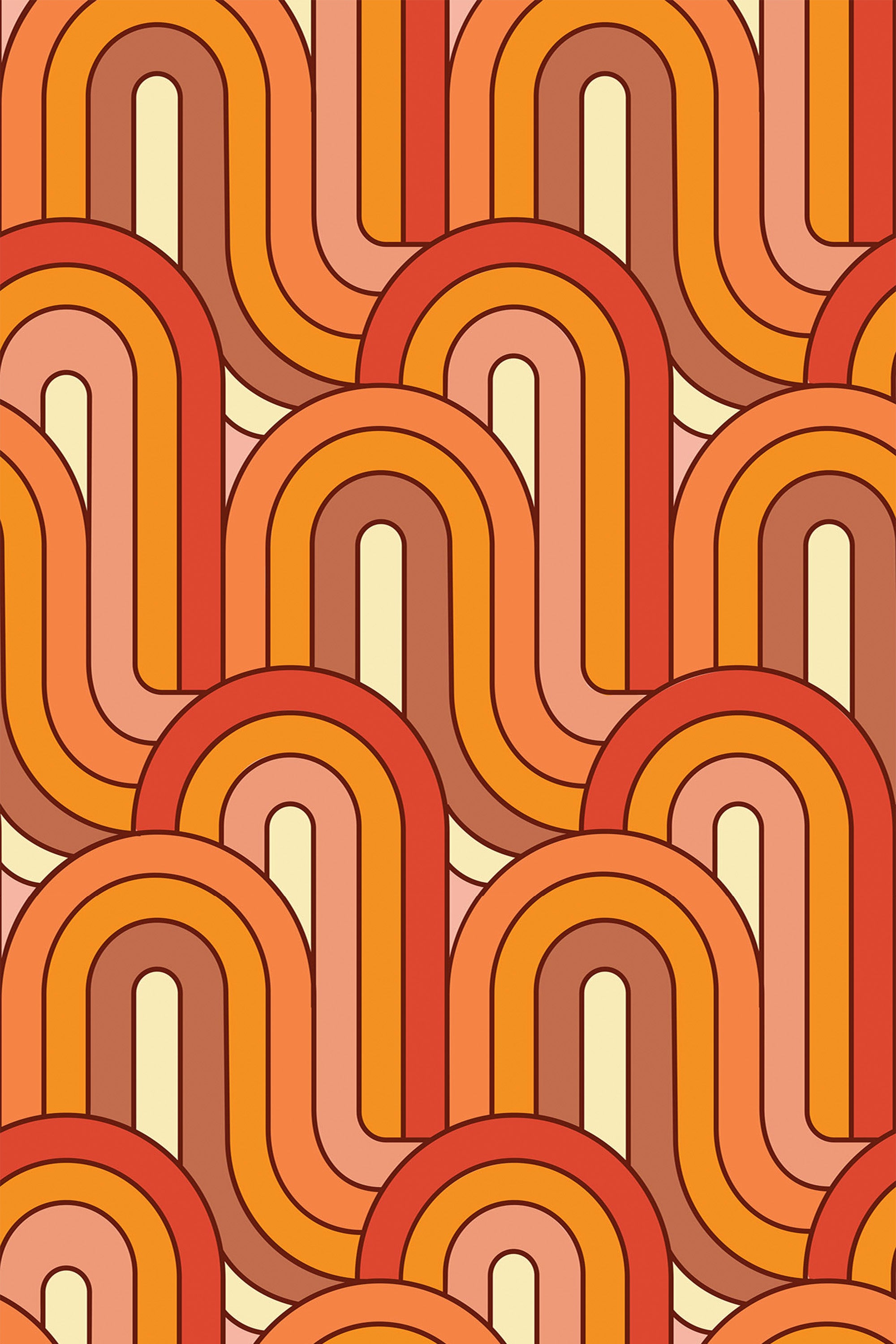 A vibrant Retro wave wallpaper in warm shades of orange, red, and beige featuring repeating curved arches in a seamless pattern. Peel and stick removable wallpaper.