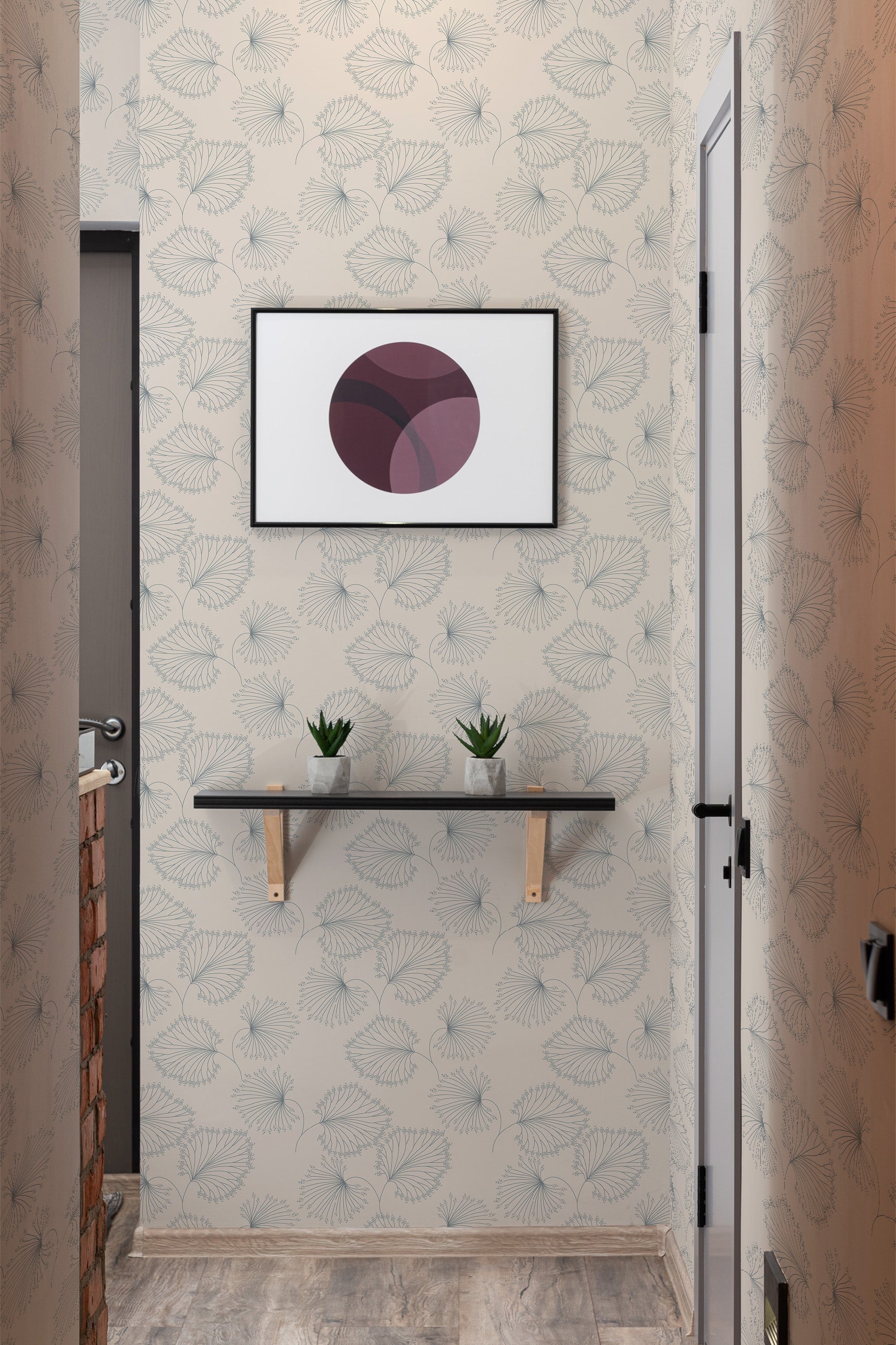 Room with wallpaper adorned with a large vintage leaf pattern in a muted color scheme, adding a subtle, classic touch to the space. Traditional wallpaper.