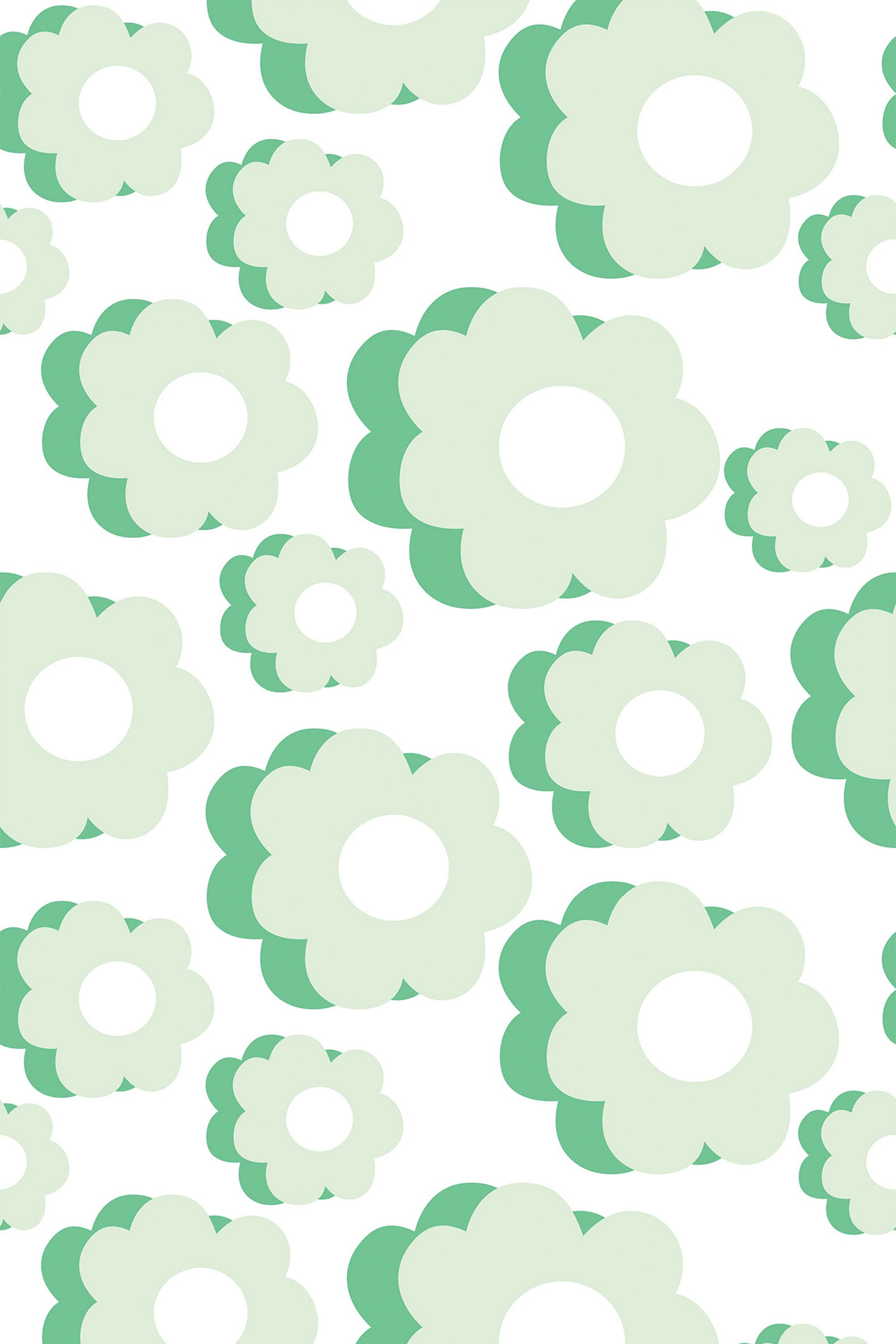 Green and white retro flower pattern with varying sizes of stylized flowers, featuring layered petals and central white circles. The flowers are arranged on a white background, giving a lively, nostalgic feel. Peel and stick removable wallpaper.
