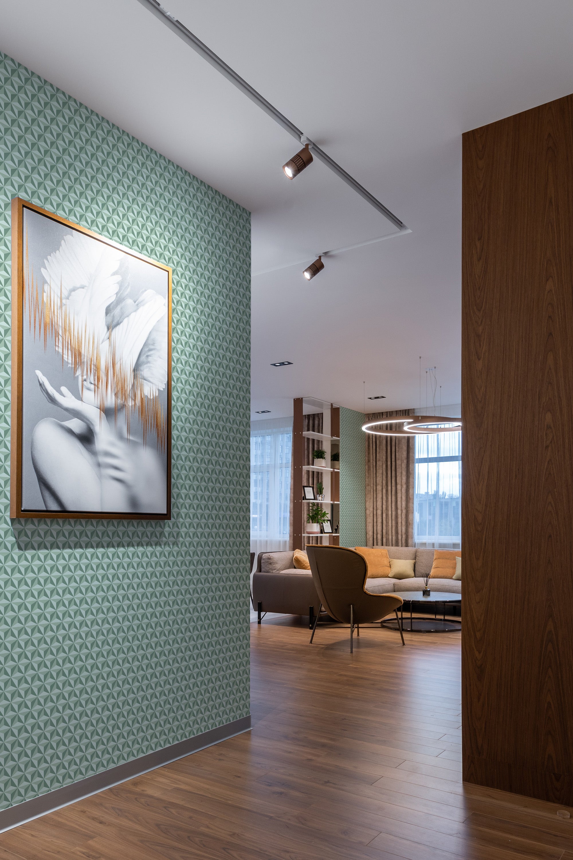Green vintage tile pattern wallpaper with small geometric shapes creating a repetitive, intricate pattern in a soft green hue, adding a classic and timeless aesthetic to the wall, evoking a sense of nostalgia, blending seamlessly with the modern interior. Traditional wallpaper.