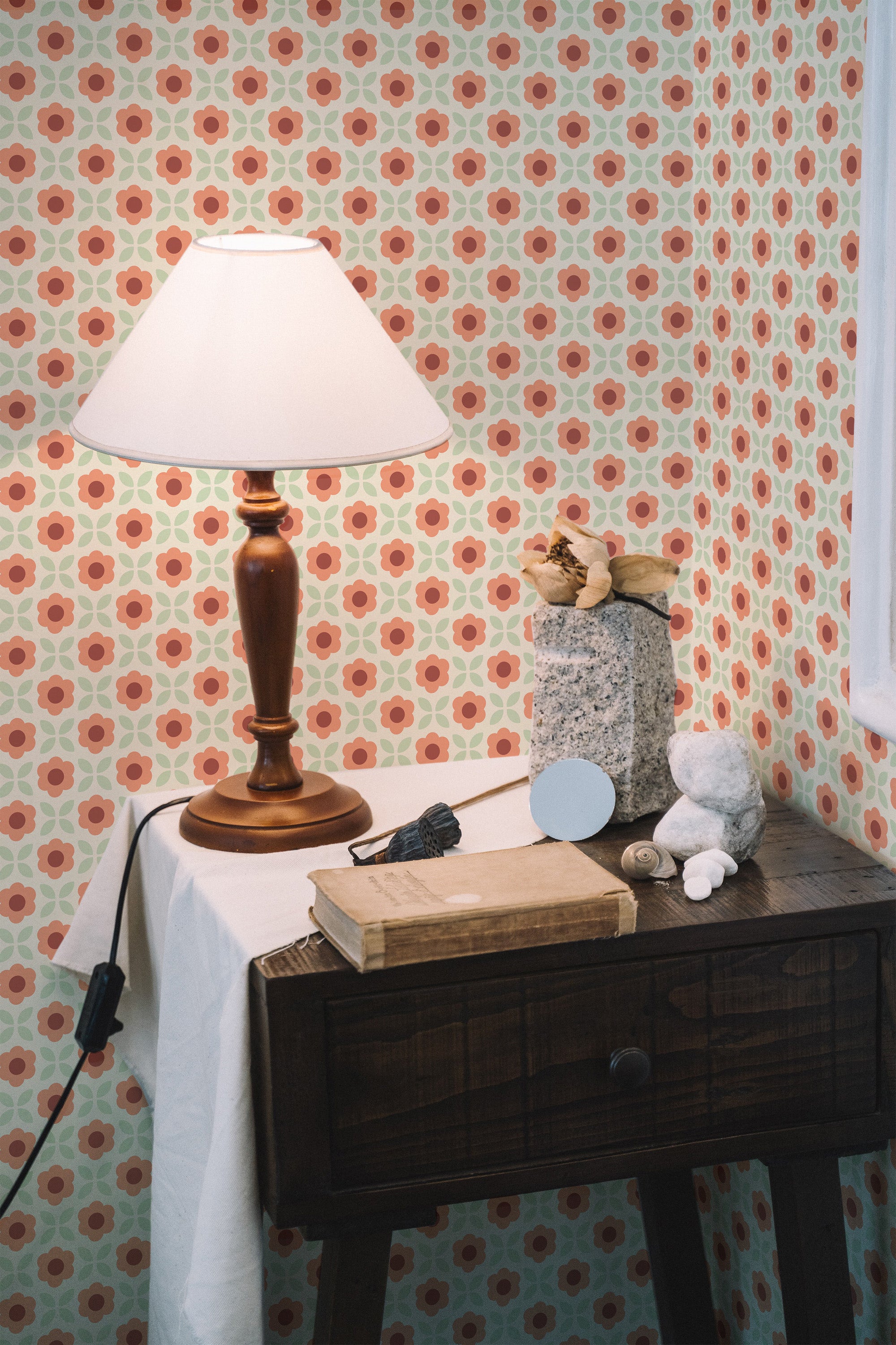 Self-adhesive retro flower grid wallpaper with a vintage-inspired pattern of red and orange flowers arranged in a repetitive, geometric grid over a beige background.