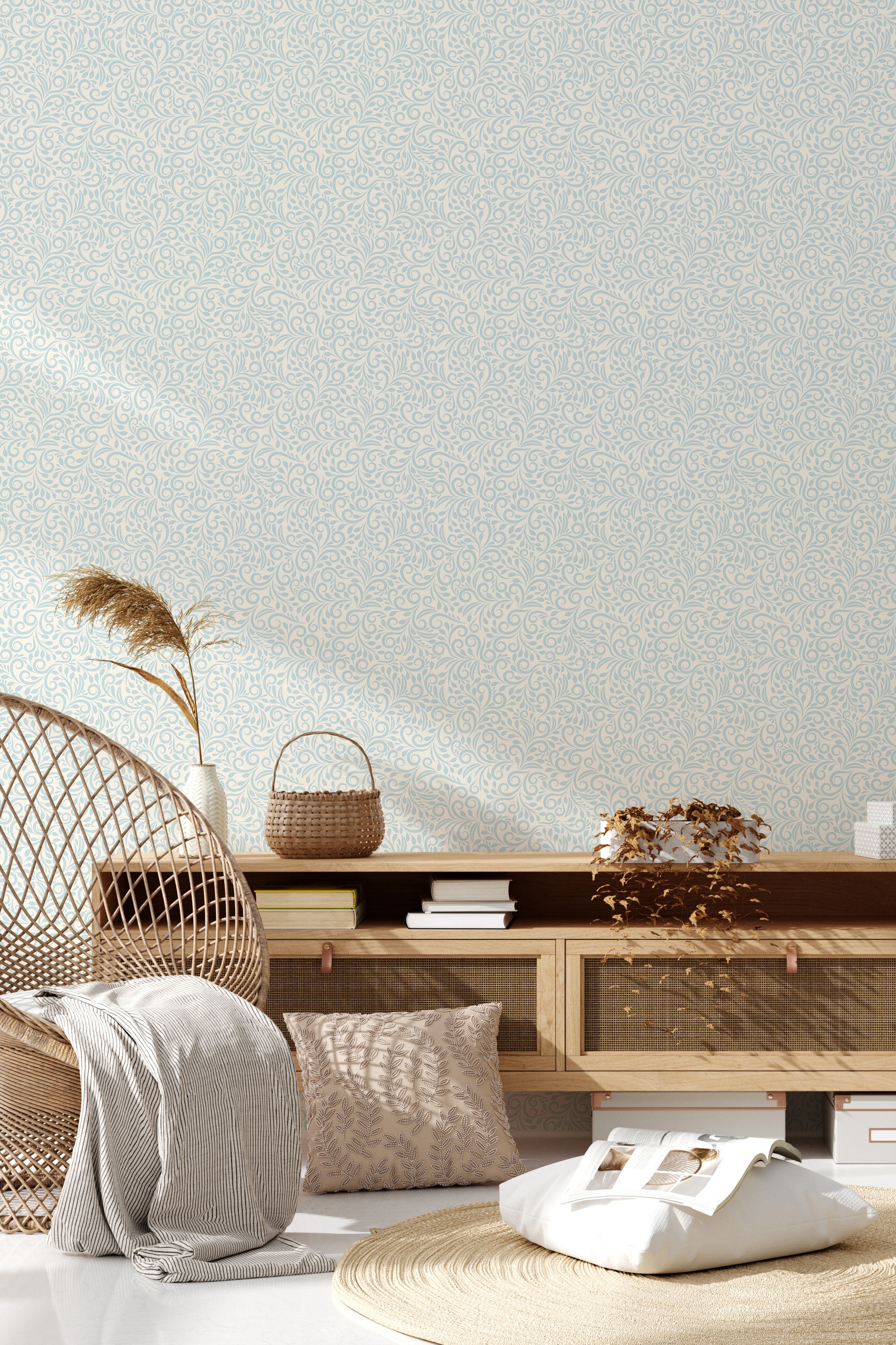 Light blue wallpaper with intricate ornament patterns in a looping, repetitive design, creating an elegant and classic look,raditional wallpaper.