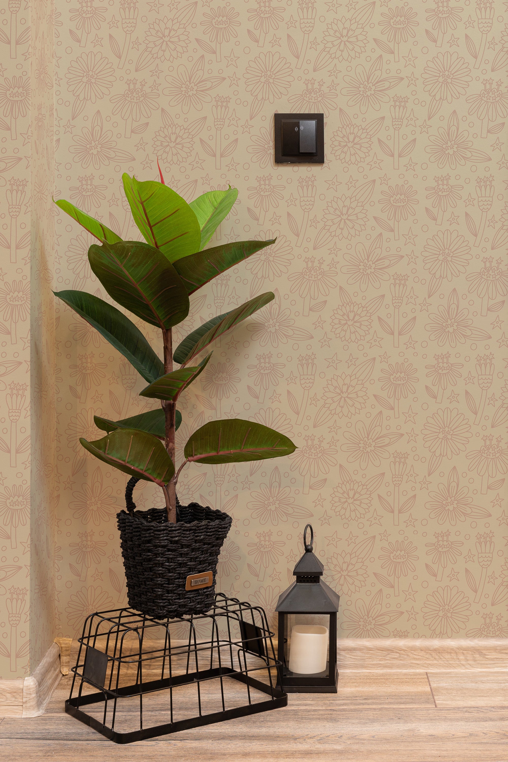 Self-adhesive vintage floral wallpaper with a beige background adorned with delicate, light brown flowers and foliage.