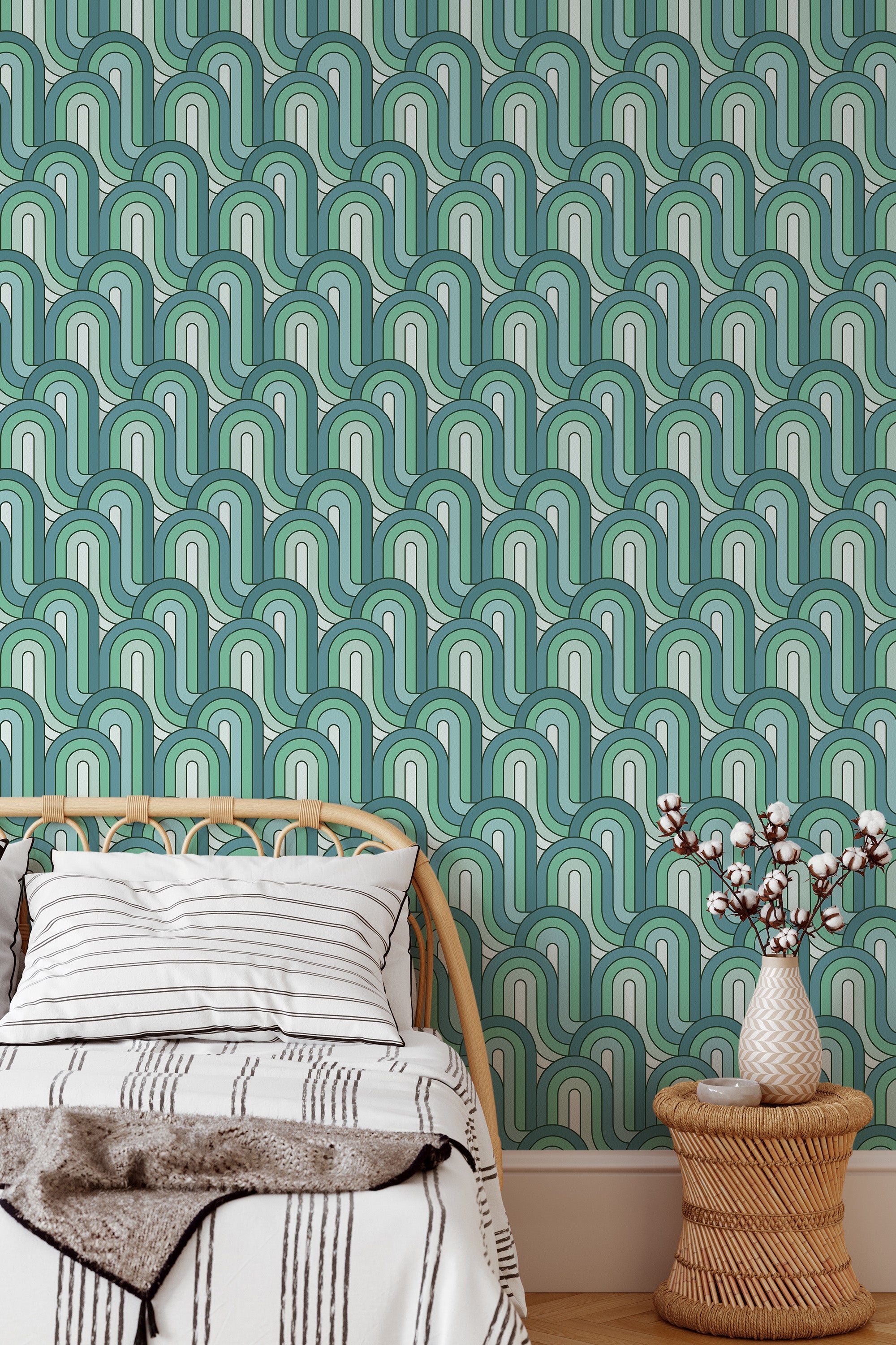 Self-adhesive wallpaper with a green retro wave pattern in curved geometric shapes, evoking a vintage 1970s style with shades of mint, teal, and light green.