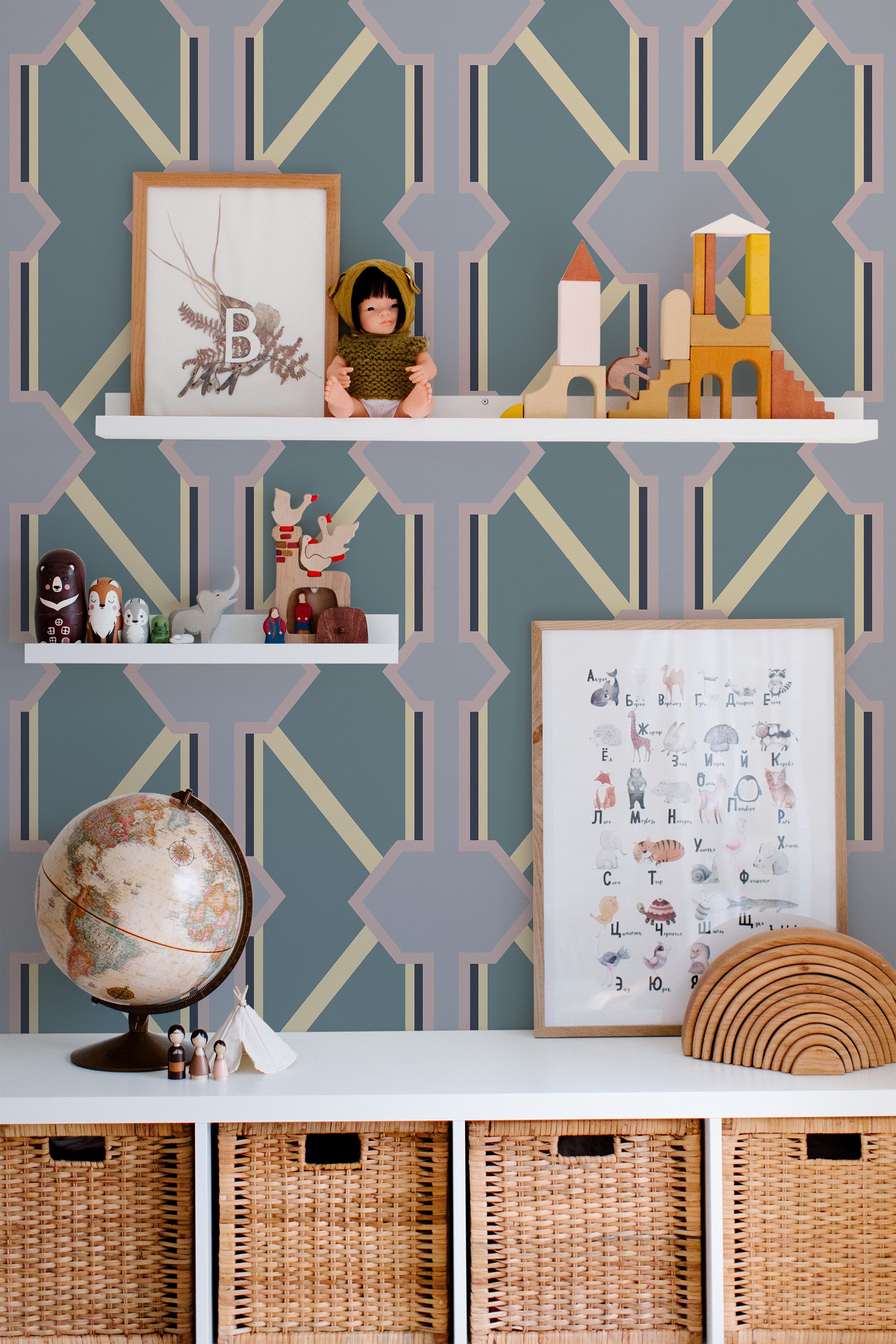 Self-adhesive wallpaper with purple and blue geometric pattern in a room with decorative shelves and toys.