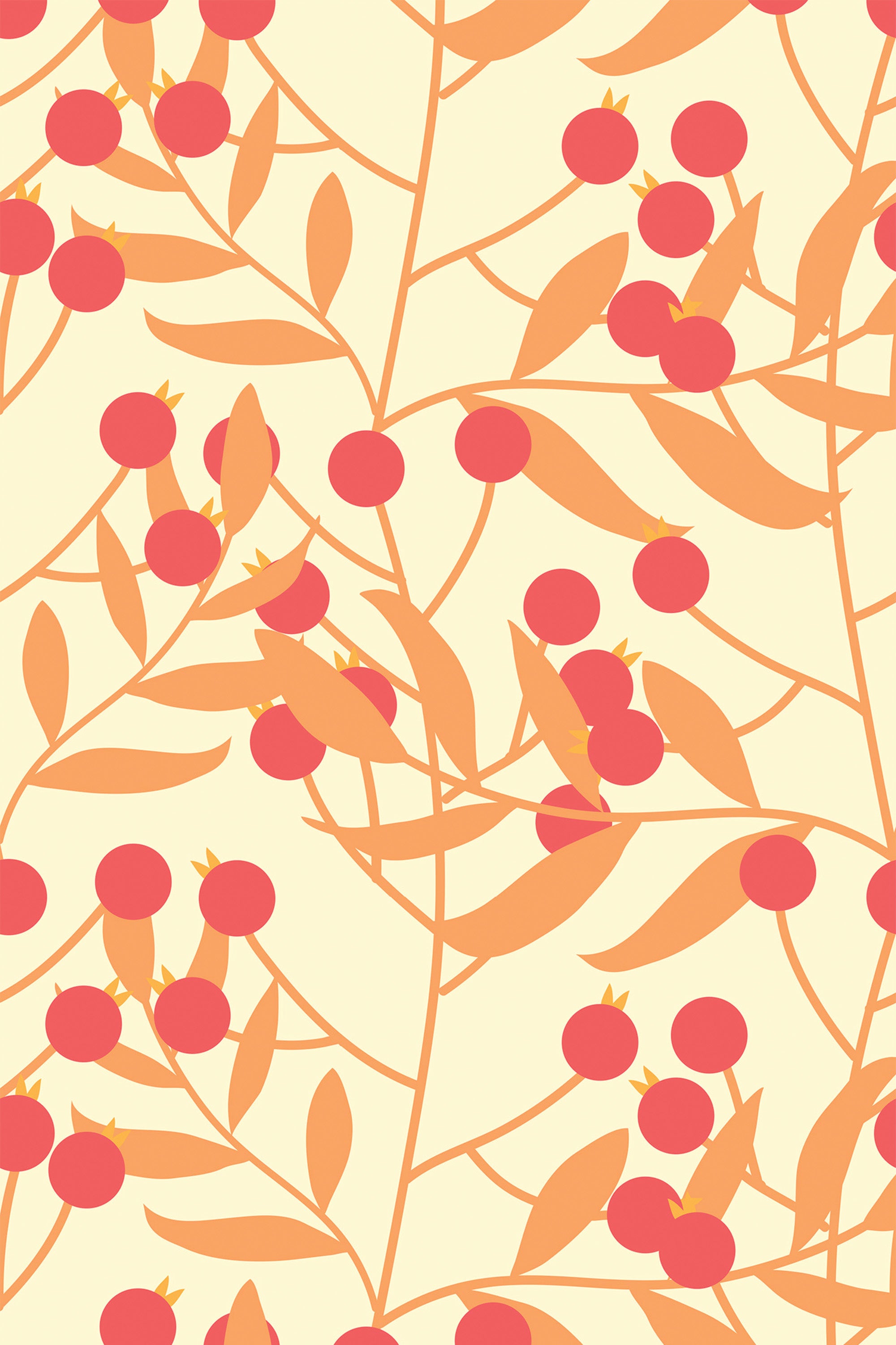 A pattern of red berries and autumn-hued leaves on intertwining branches against a pale background, peel and stick removable wallpaper.