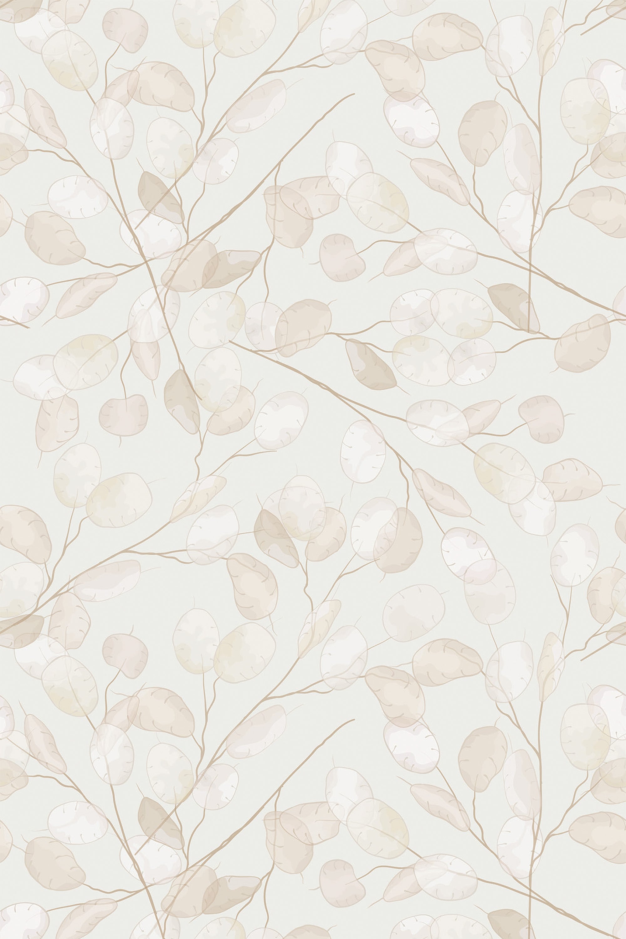 Elegant beige wallpaper with a pattern of overlapping leaves in gradient tones fading from pale gold to transparent, arranged on delicate branches, creating a soft, natural aesthetic for interior decoration, peel and stick removable wallpaper.