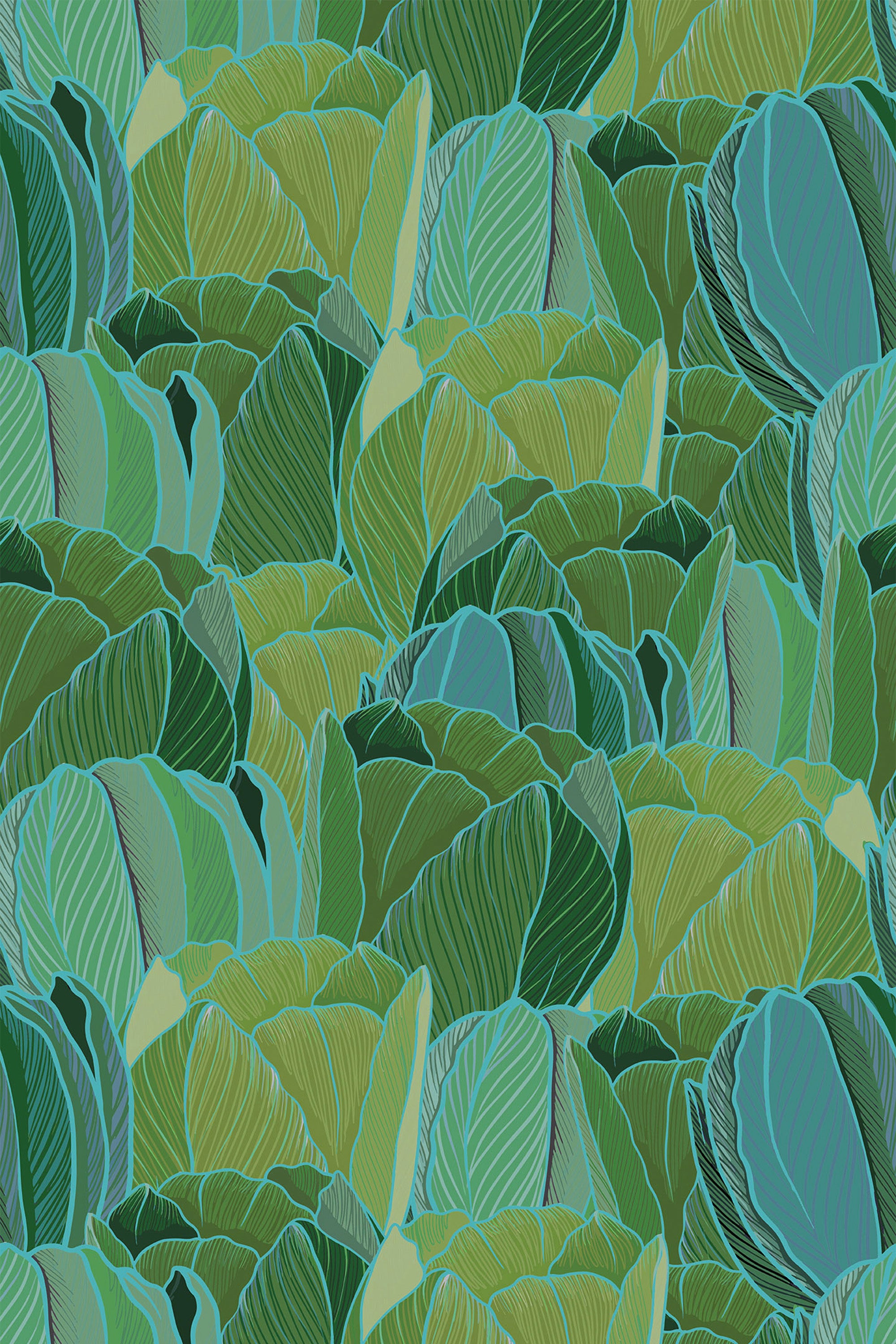 A pattern of overlapping green and teal leaves on a peel and stick removable wallpaper.