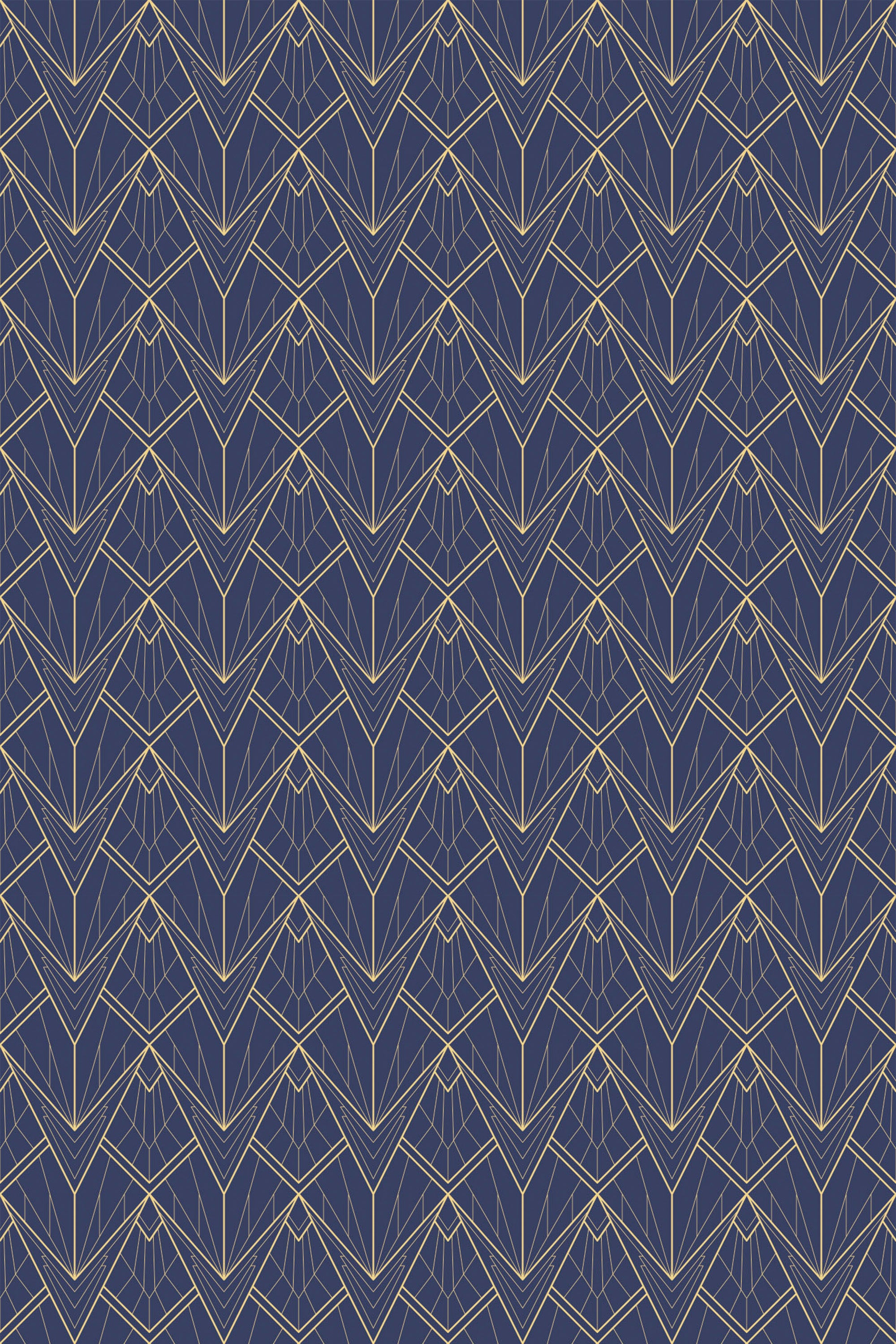 Elegant dark blue wallpaper with symmetric geometric gold lines in Art Deco style, creating a series of intersecting diamond and triangular shapes, known as peel and stick removable wallpaper.