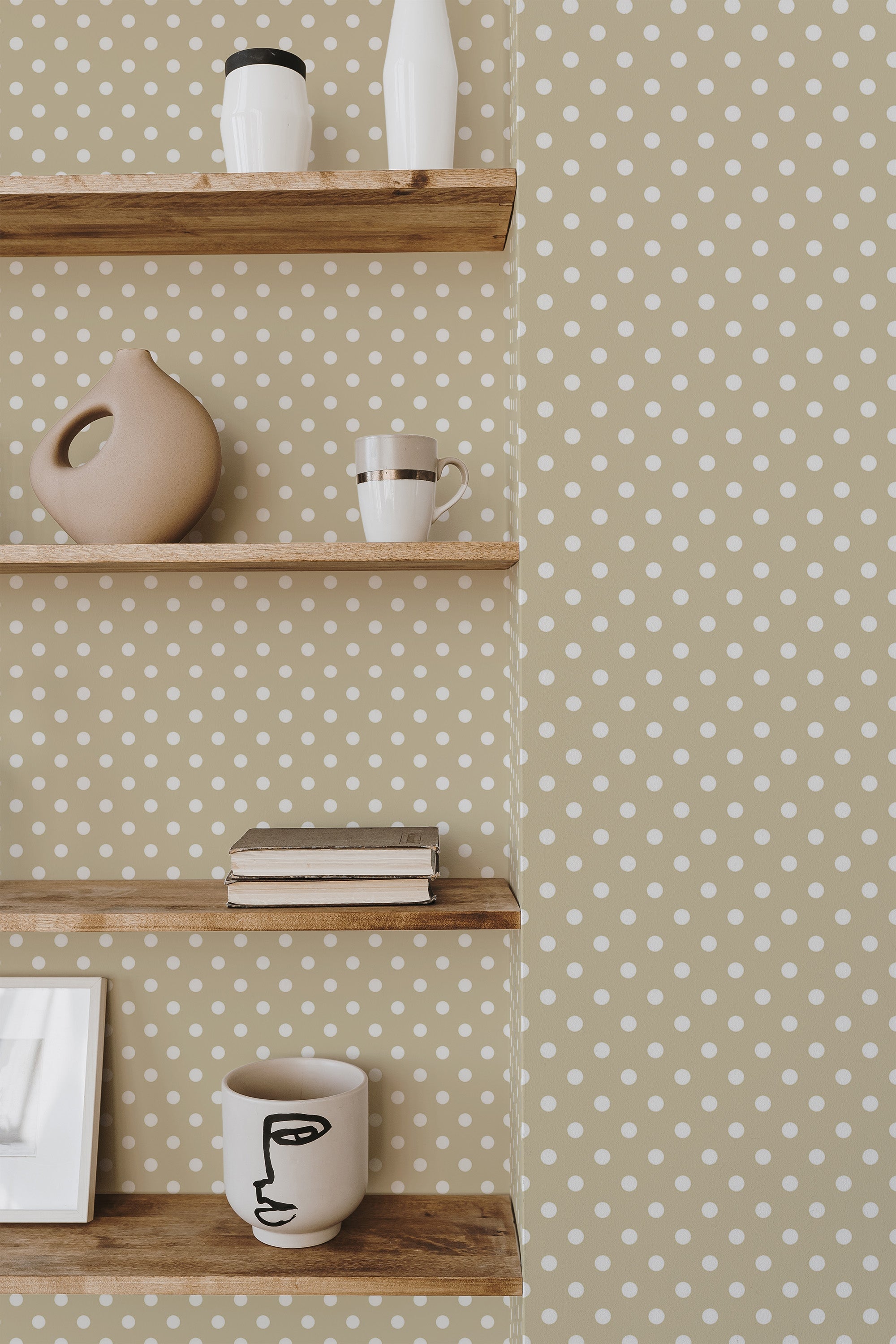 Self-adhesive Retro Dotted wallpaper pattern with small beige dots on a pale background, accented by wooden shelves holding decorative items.