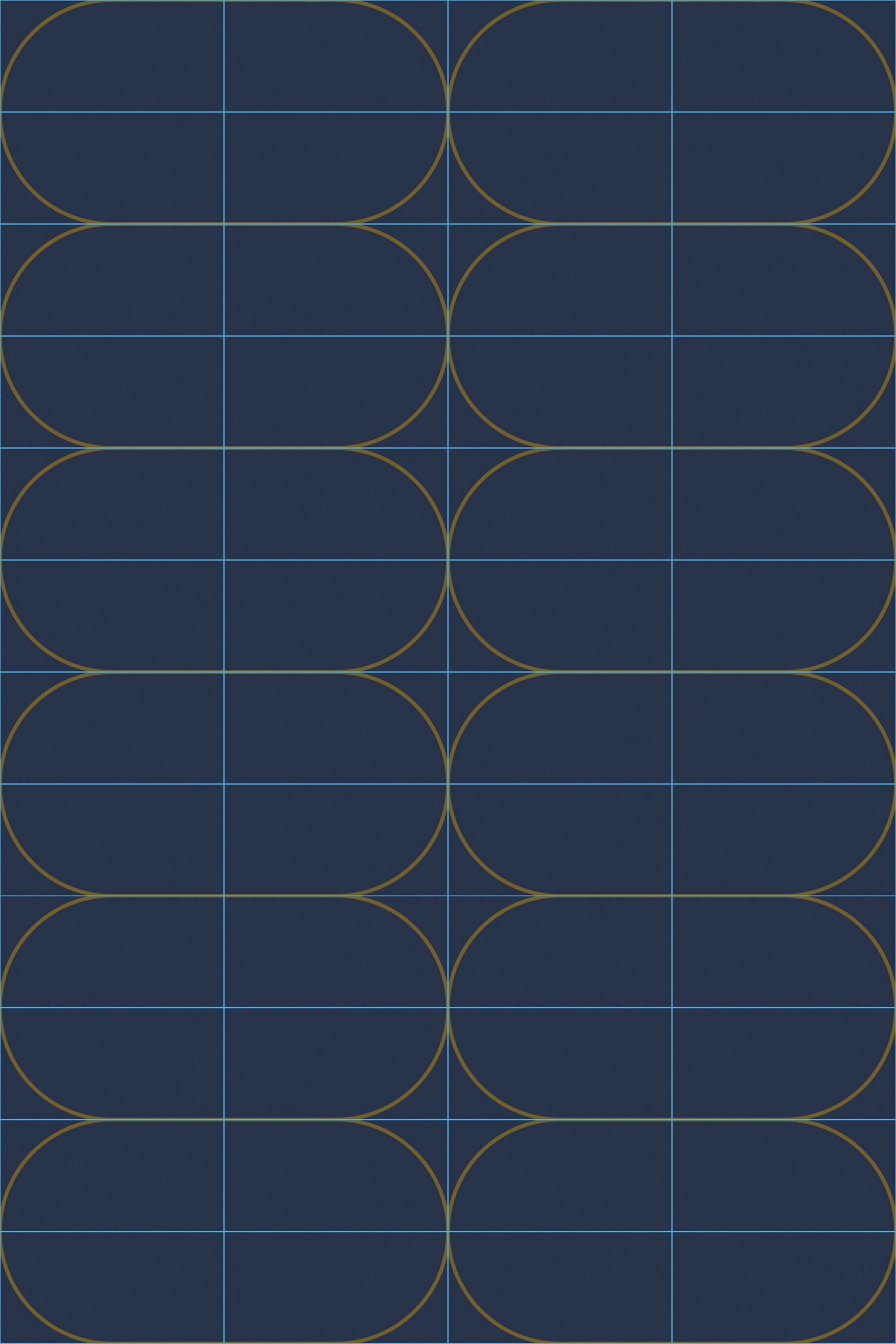 A seamless pattern of gold-lined arcs on a deep blue background, resembling elegant scales, as peel and stick removable wallpaper.