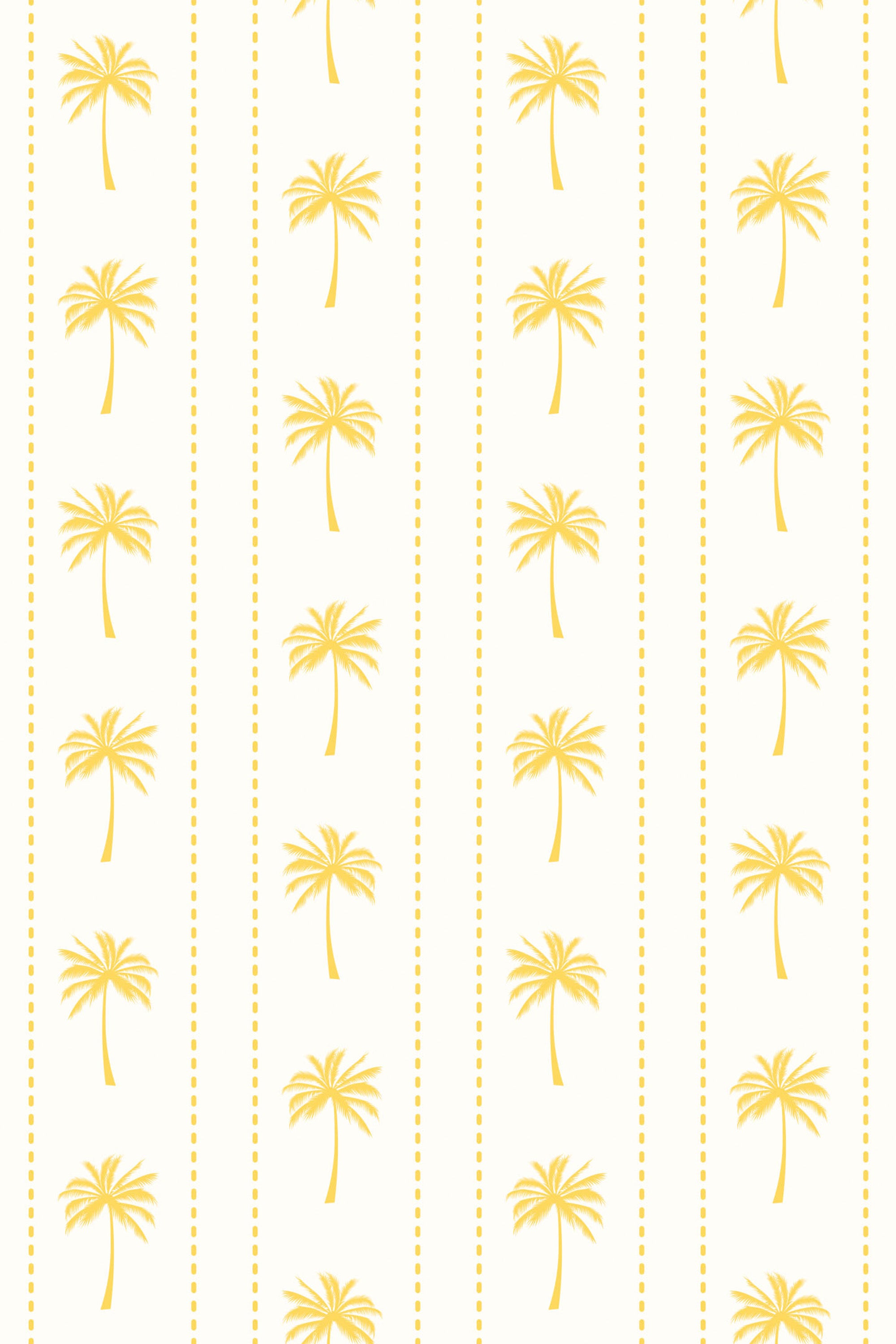 Golden palm trees lined in columns with dotted yellow vertical stripes on a cream background, Vintage Sunny Palm peel and stick removable wallpaper.
