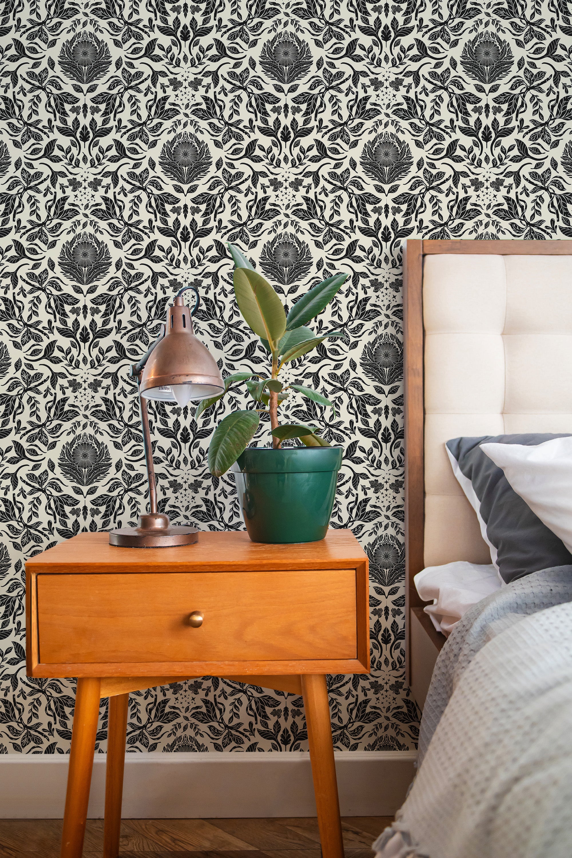 stylish bedroom interior nightstand plant lamp black and white botanical reverie by sara t accent wall