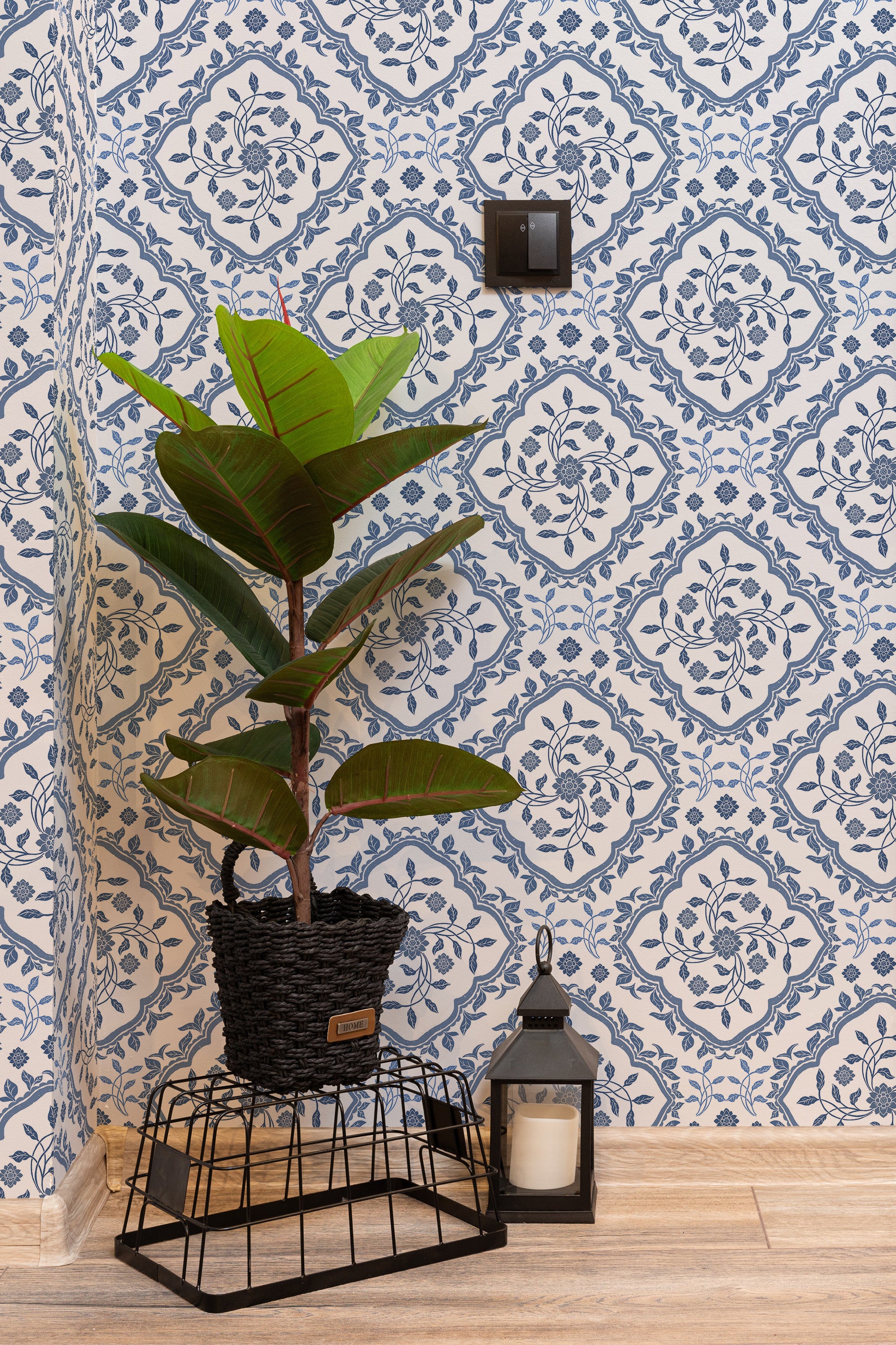 hallway interior green plant black lantern blue and white floral pattern by sara t temporary wallpaper