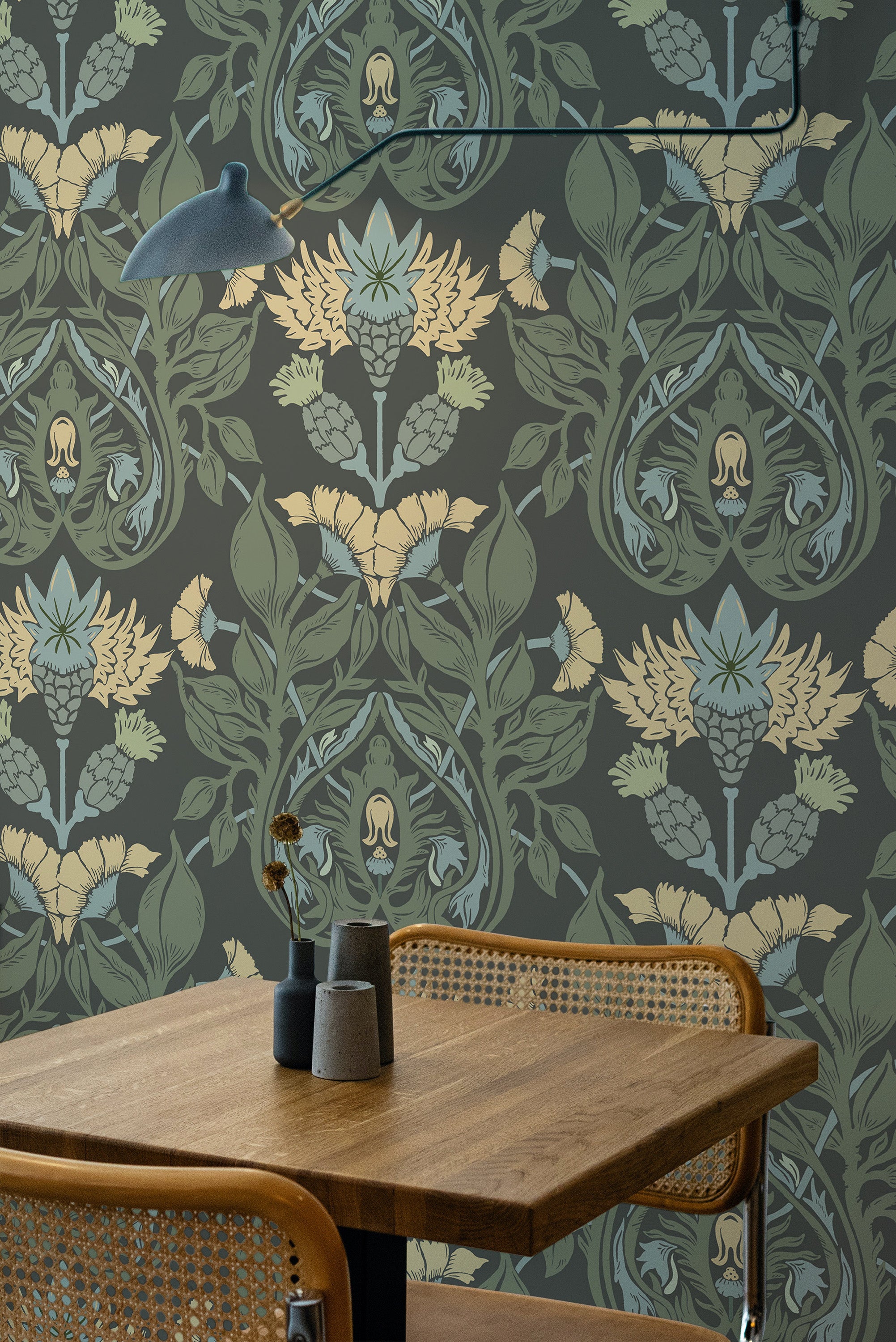 wooden dining table rattan chairs green and yellow aesthetic verdant by sara t peel and stick wallpaper