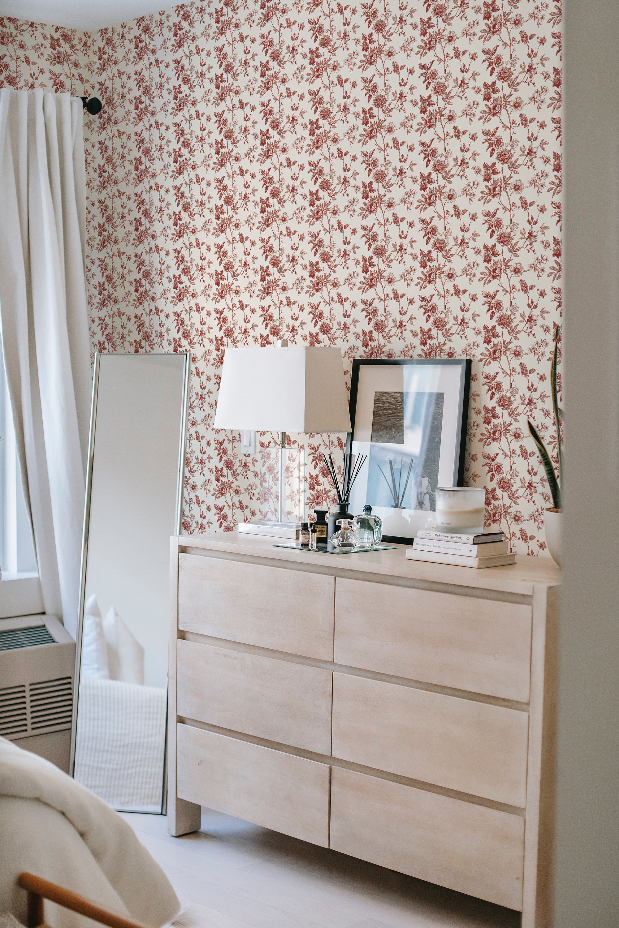 Burgundy Floral Toile Peel and Stick Removable Wallpaper
