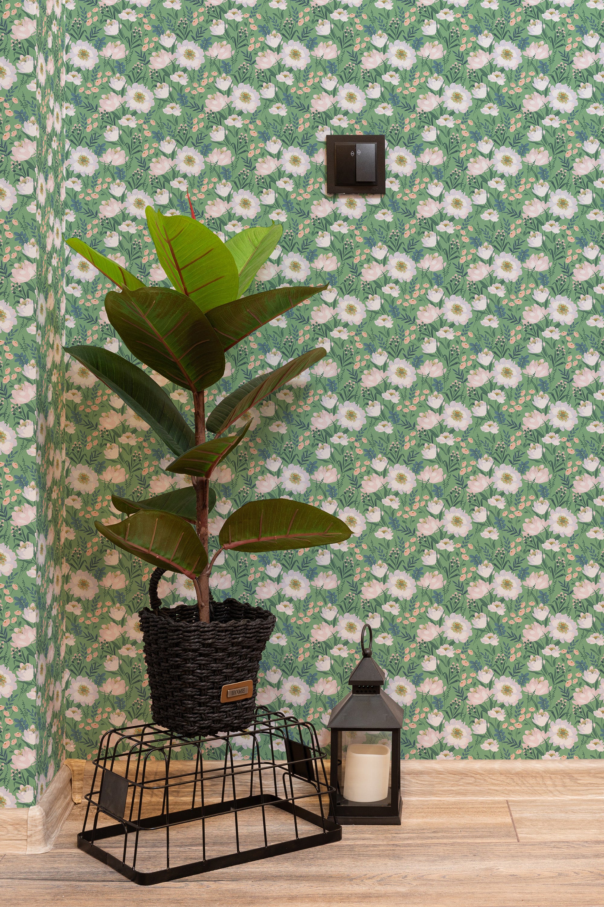 hallway interior green plant black lantern painted cottage floral temporary wallpaper
