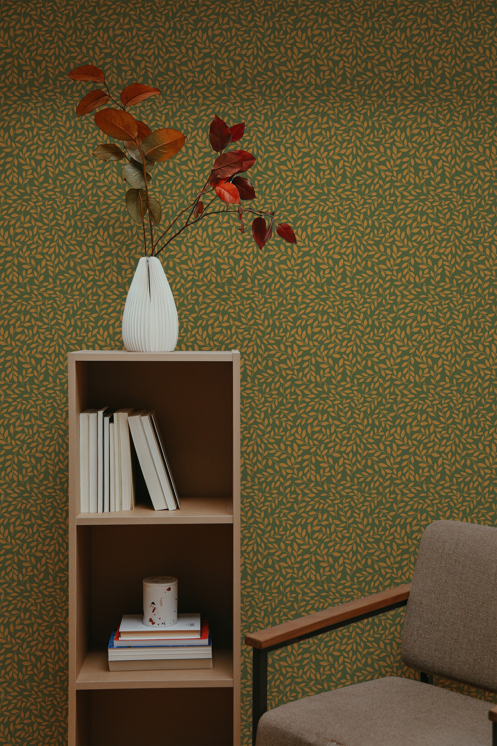 self-adhesive wallpaper green autumn branch pattern bookshelf armchair decorative plant interior