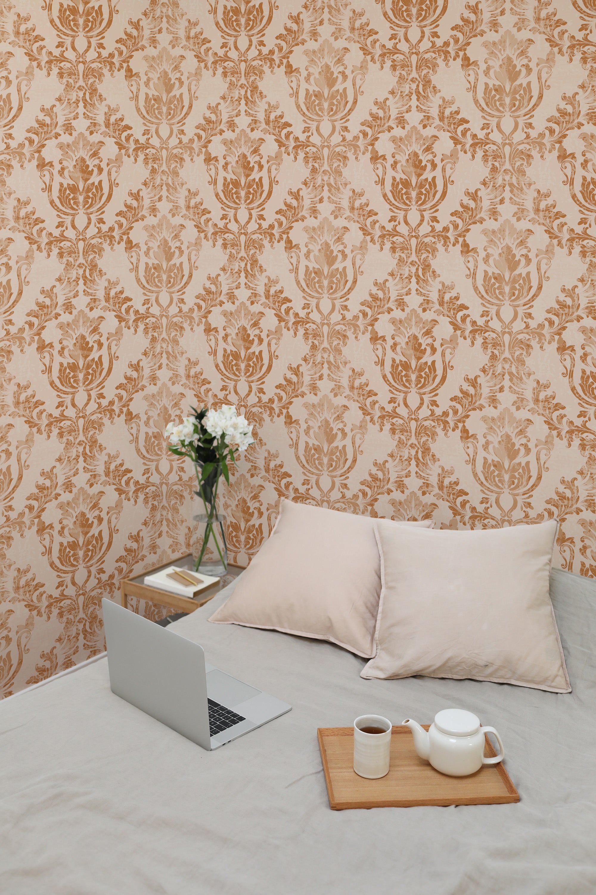temporary wallpaper brown damask pattern cozy romantic bedroom interior