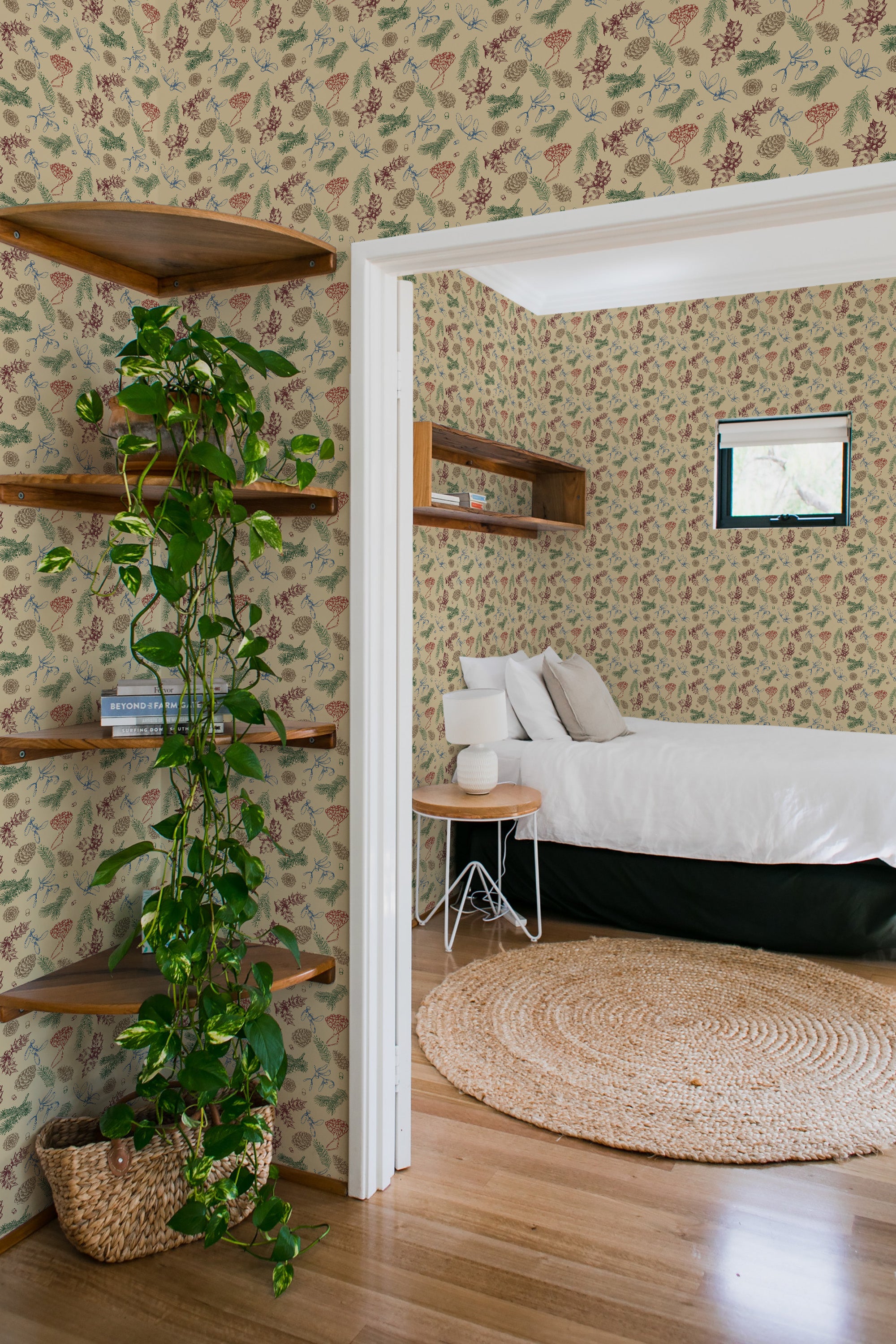 bedroom cozy interior green plants round carpet christmas cones peel & stick wallpaper