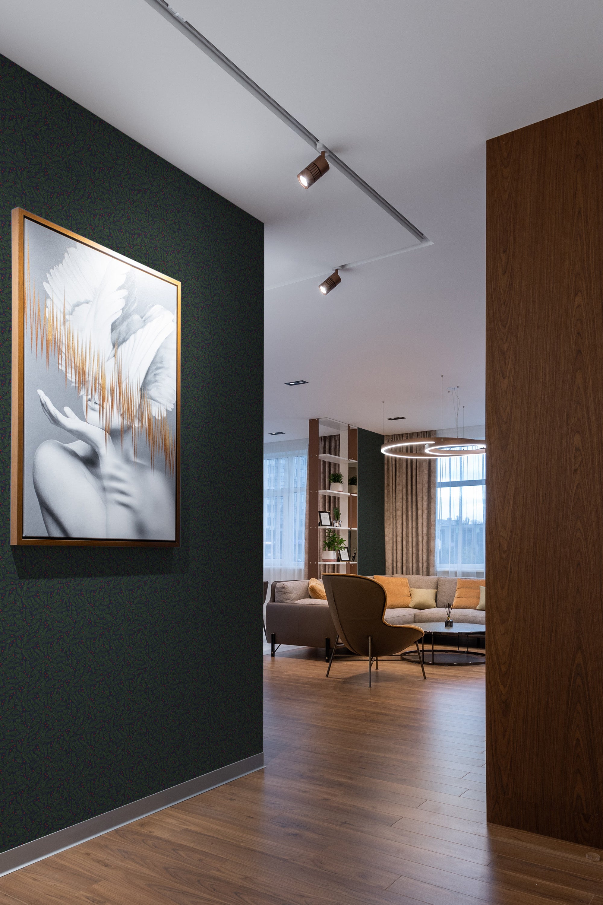 peel and stick removable wallpaper dark christmas branch pattern modern contemporary apartment living room interior