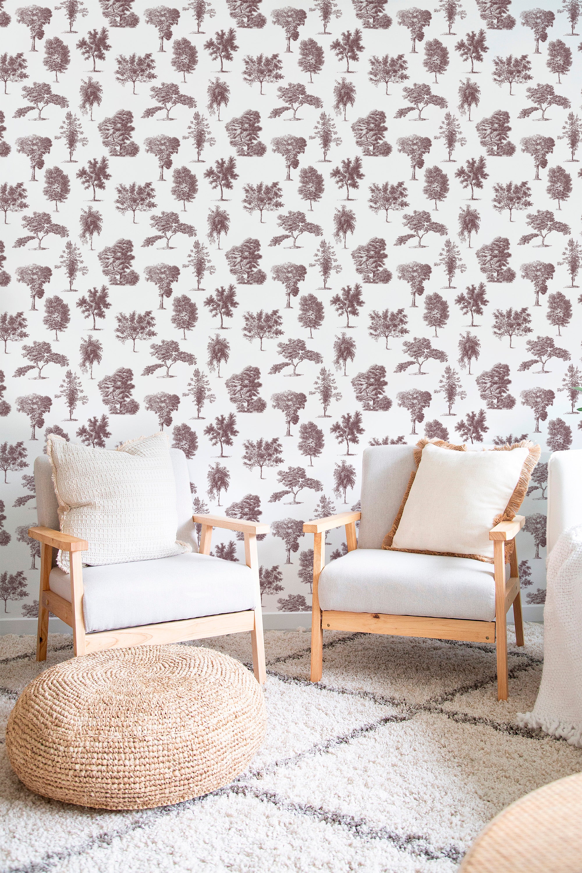 cozy living room soft armchairs pillows vintage trees toile wall decor