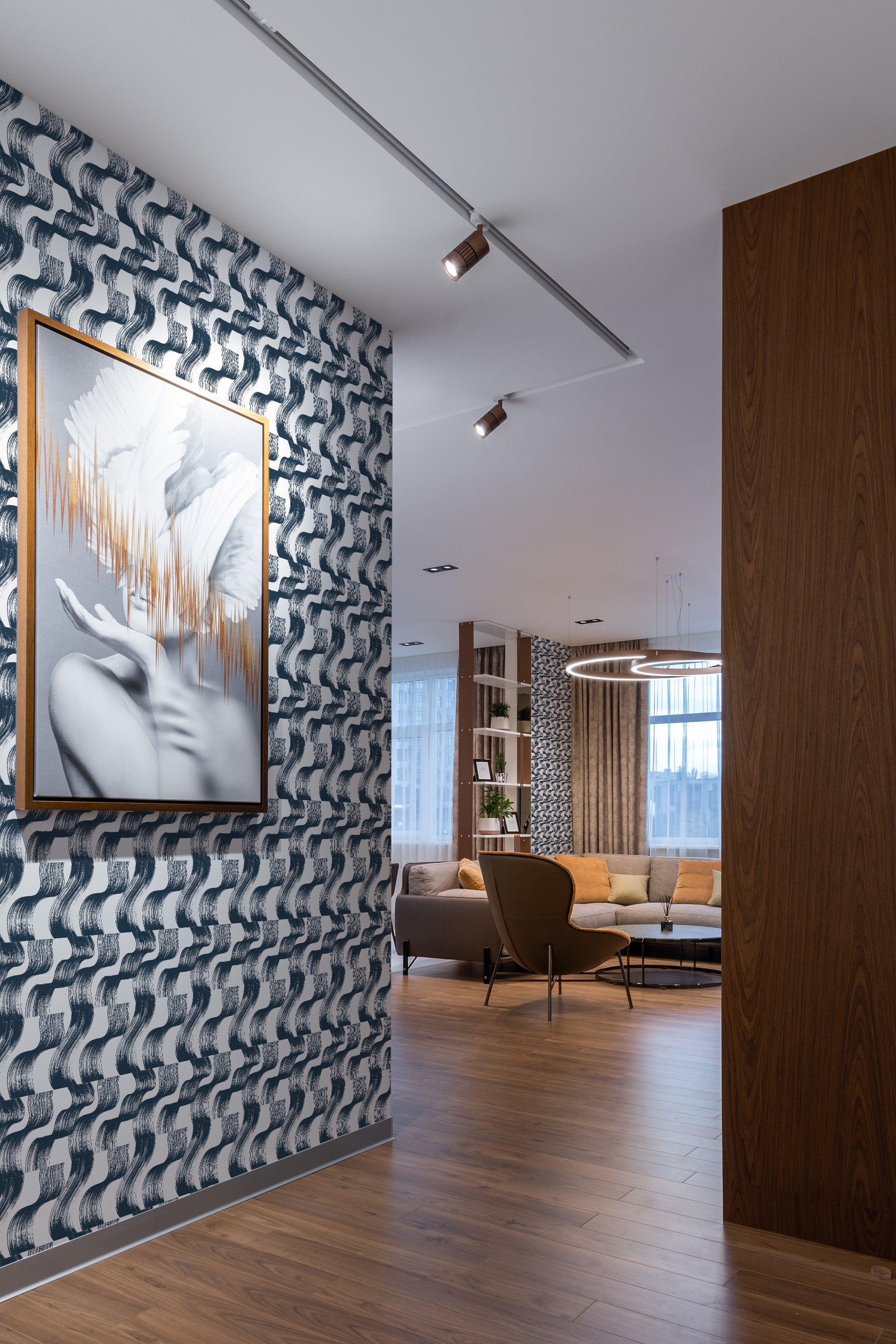 peel and stick removable wallpaper japandi brush lines pattern modern contemporary apartment living room interior