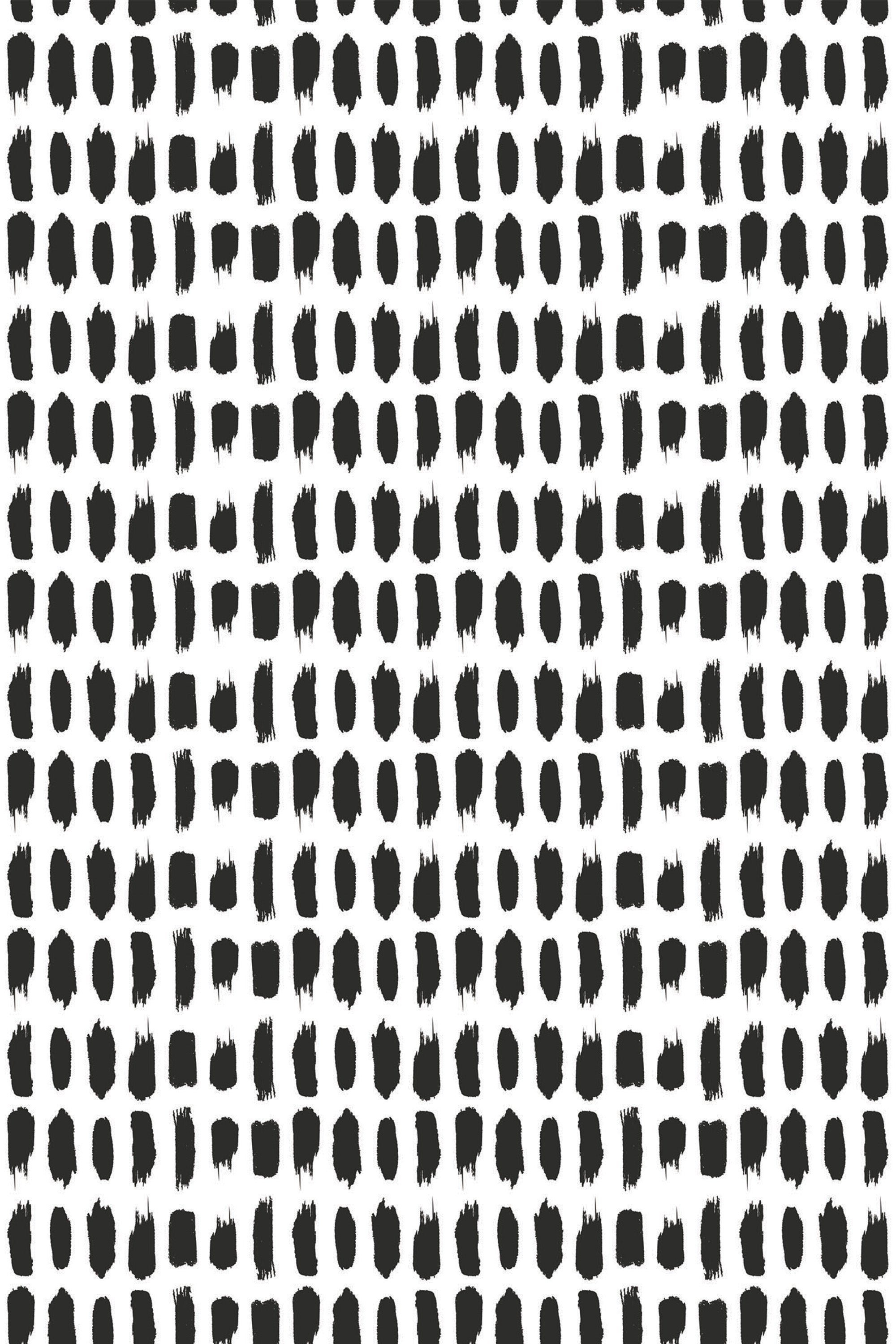 Black irregular brushstroke dots are arranged in a grid pattern on a white background, creating a minimalist, modern design. Peel and stick removable wallpaper.
