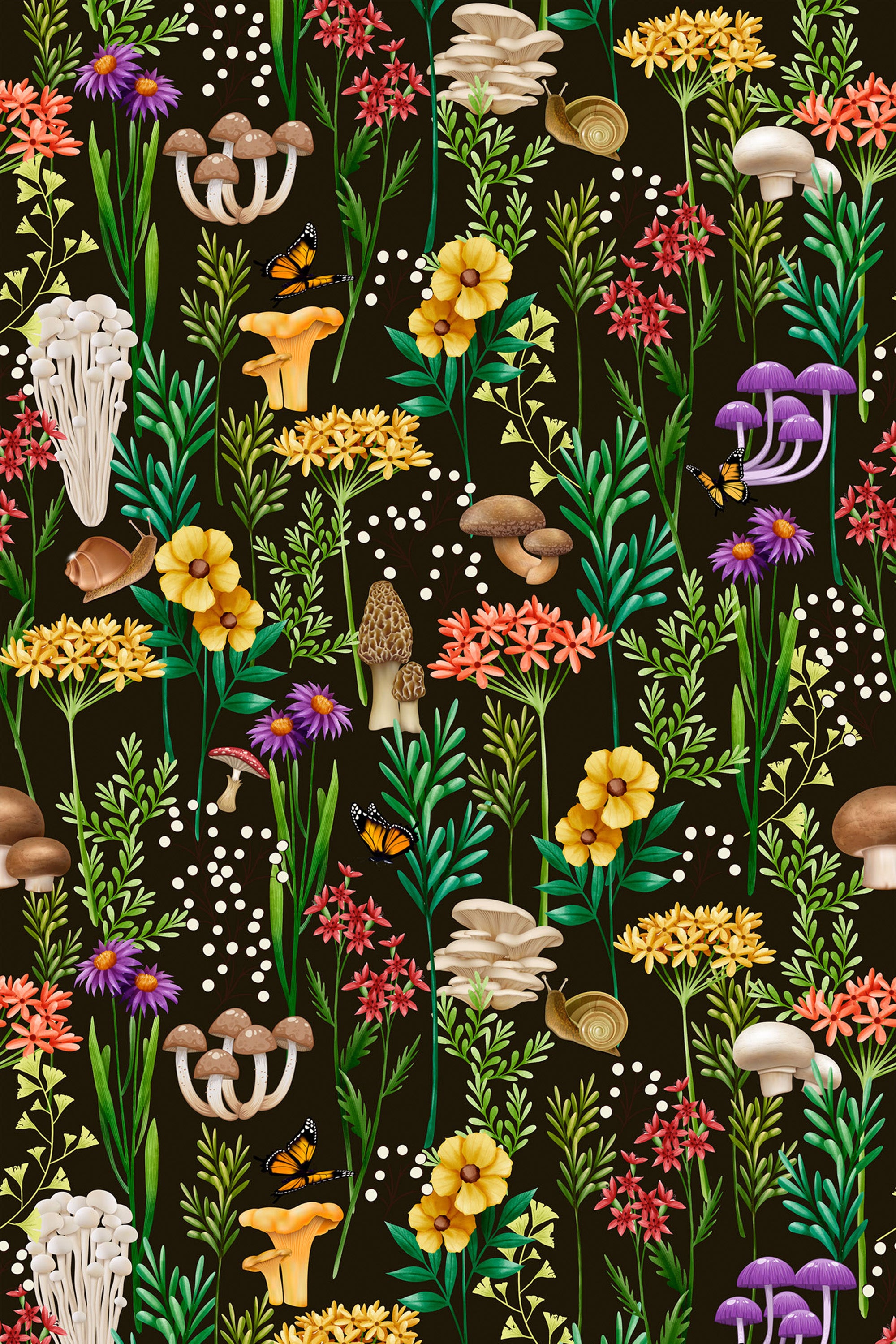 Floral and mushroom motifs in vibrant colors, including chanterelles, morels, and purple caps, intertwined with greenery and butterflies on a dark background, peel and stick removable wallpaper.