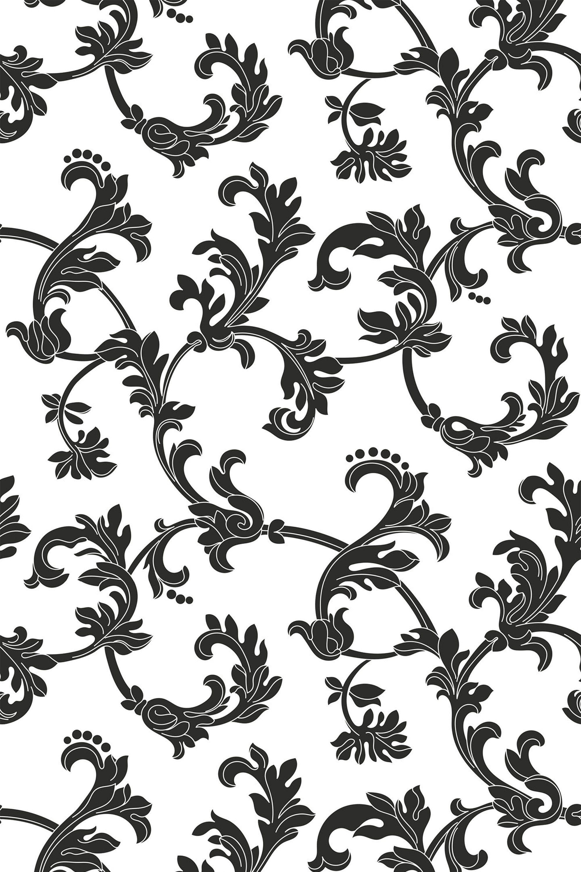Black, intricately detailed floral patterns with scrolling leaves and vines on a white background, creating a vintage ornamental design. Peel and stick removable wallpaper.