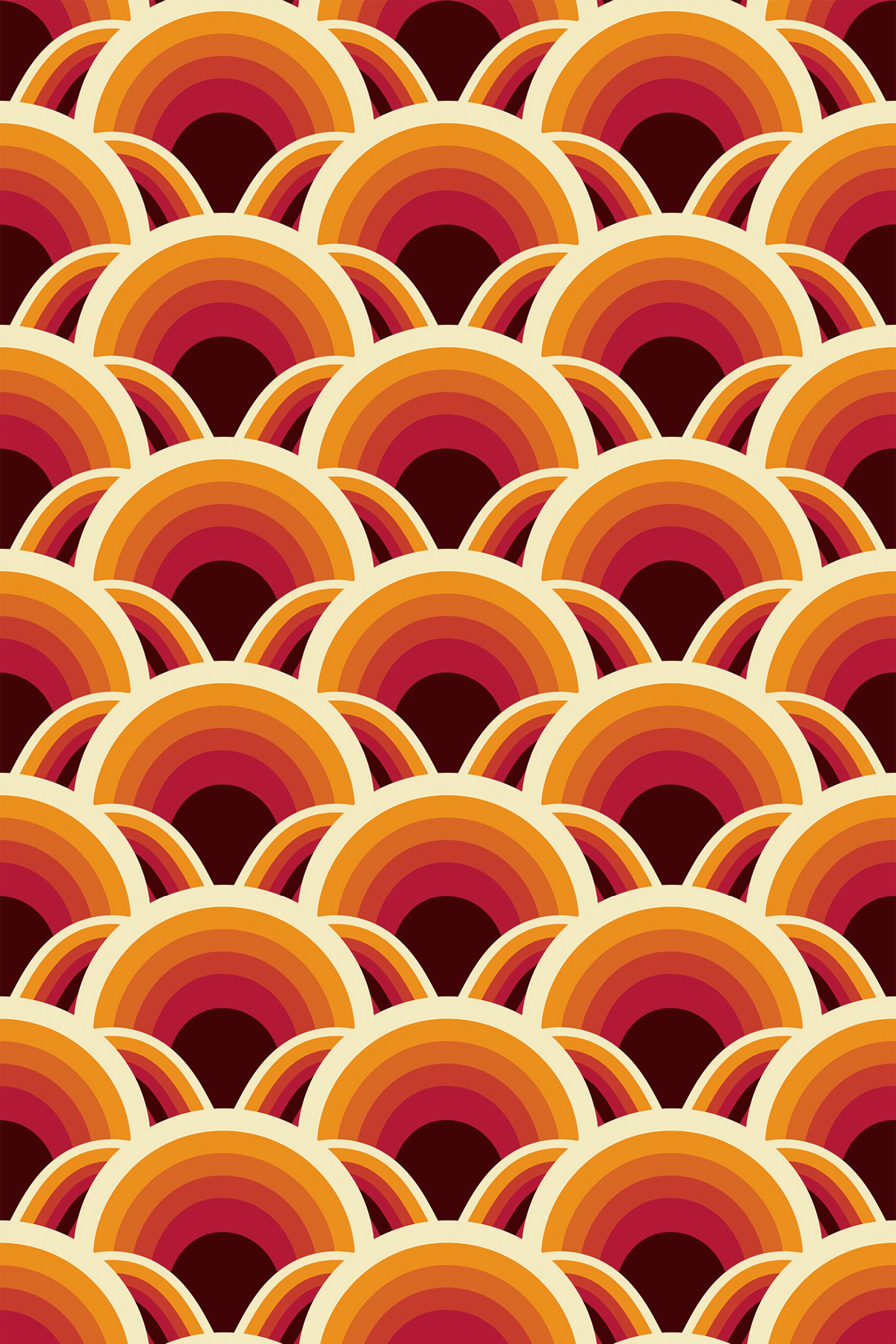 A vibrant 70s retro wallpaper design with repeating curved patterns in shades of orange, mustard, burgundy, and cream, resembling a series of overlapping semi-circles in a scalloped arrangement. Peel and stick removable wallpaper.