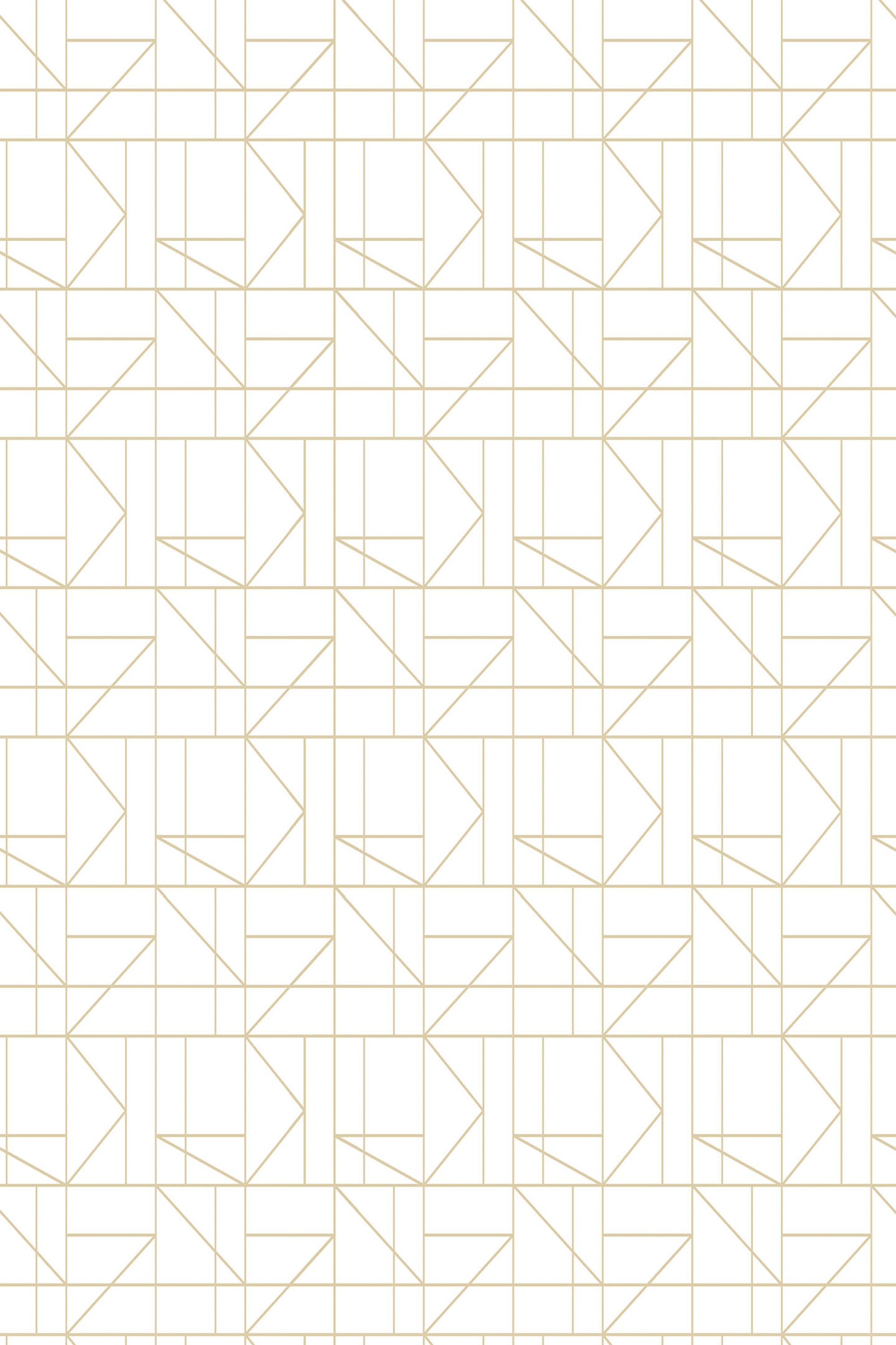 Geometric Art Deco-inspired wallpaper with a 1920s-style design, featuring thin gold lines forming intersecting shapes on a white background. Peel and stick removable wallpaper.