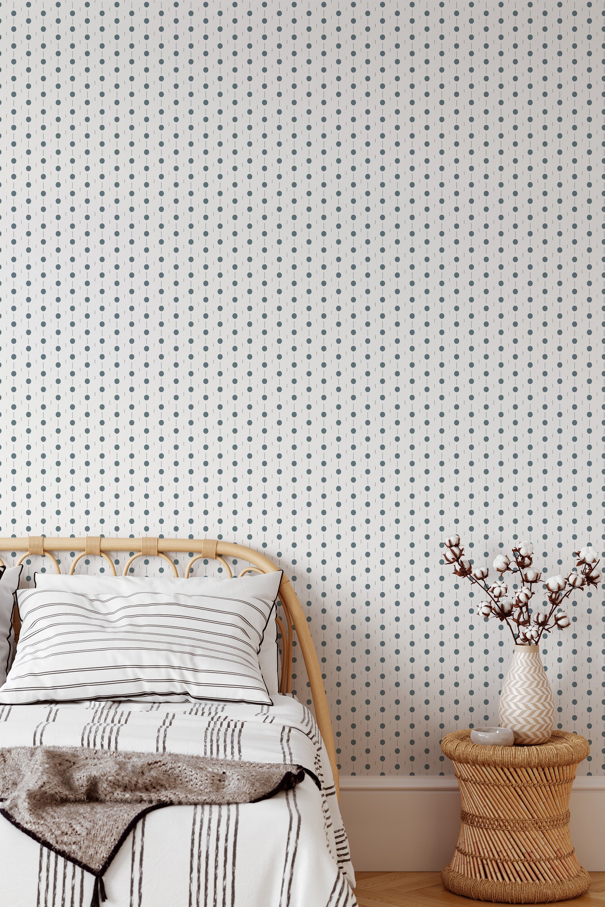 Self-adhesive wallpaper with a geometric circle line design in a repeating pattern of small dark circles connected by vertical lines on a light background, adding a modern and minimalist touch to the room.